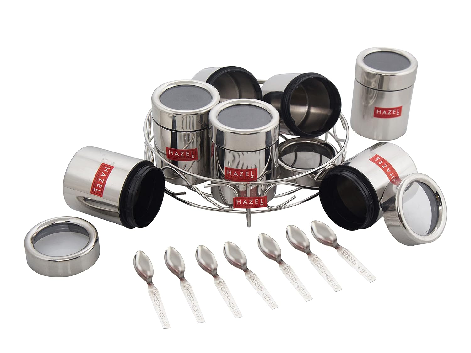 HAZEL Stainless Steel Masala Container|Masala Boxes for Kitchen with 7 Spoons(Set of 7) - Dista