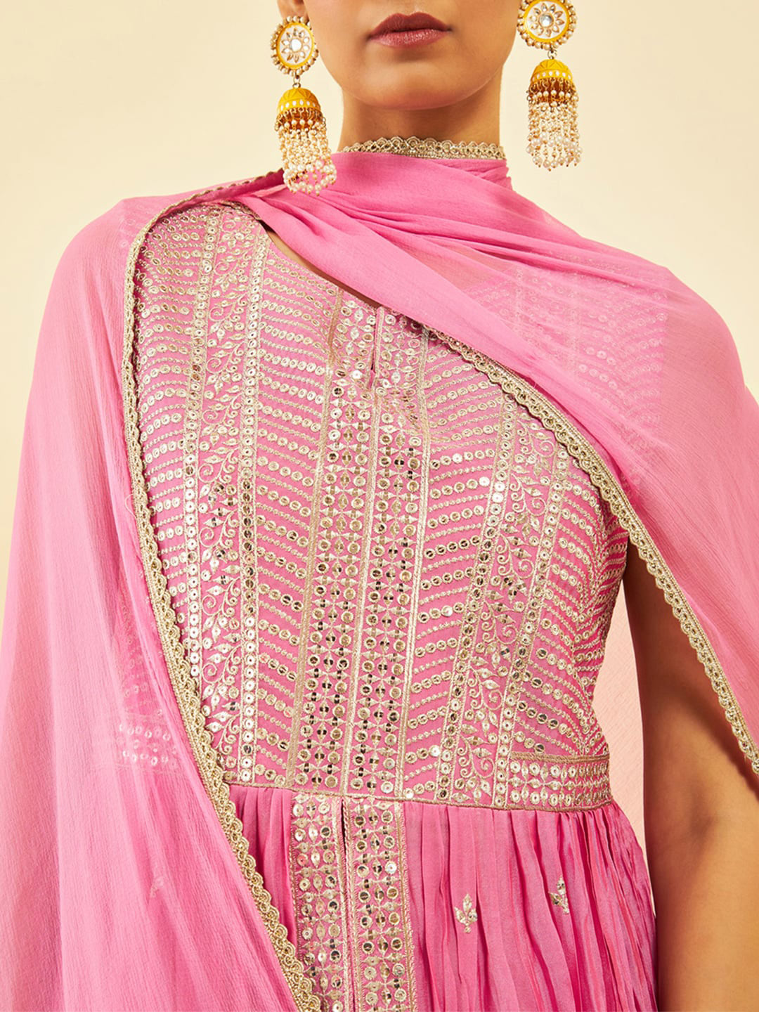 Soch Ethnic Motifs Embroidered Pleated Sequinned A-Line Kurta with Palazzos & Dupatta - Distacart