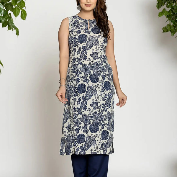 Yufta Blue Cotton Ethnic Motifs Straight Kurta - Distacart