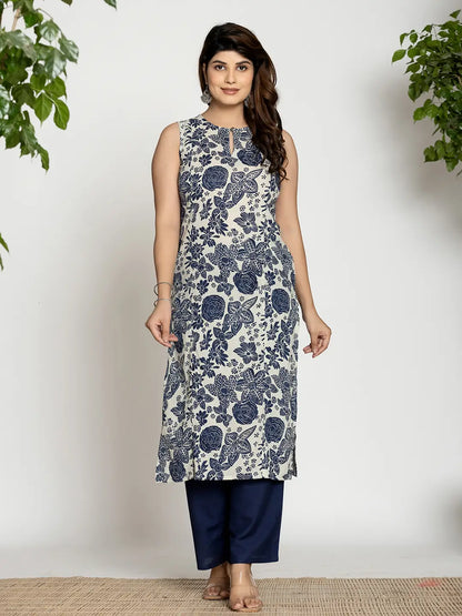 Yufta Blue Cotton Ethnic Motifs Straight Kurta - Distacart