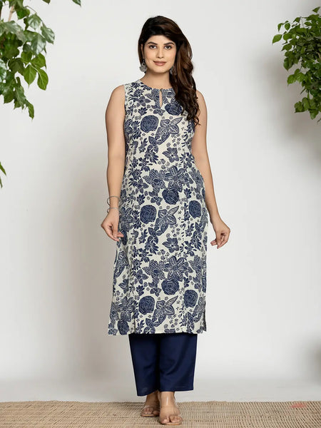 Yufta Blue Cotton Ethnic Motifs Straight Kurta