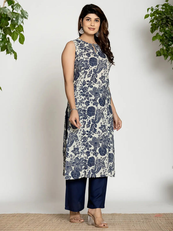 Yufta Blue Cotton Ethnic Motifs Straight Kurta