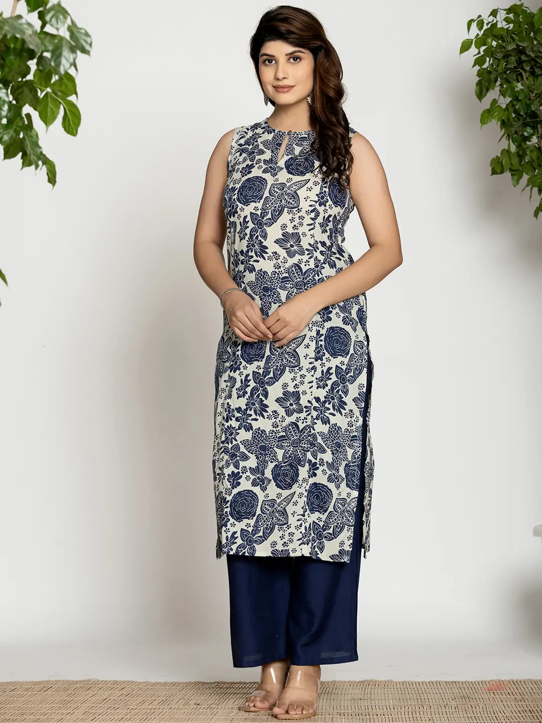 Yufta Blue Cotton Ethnic Motifs Straight Kurta