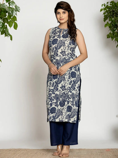 Yufta Blue Cotton Sleeveless Kurta Set - Distacart