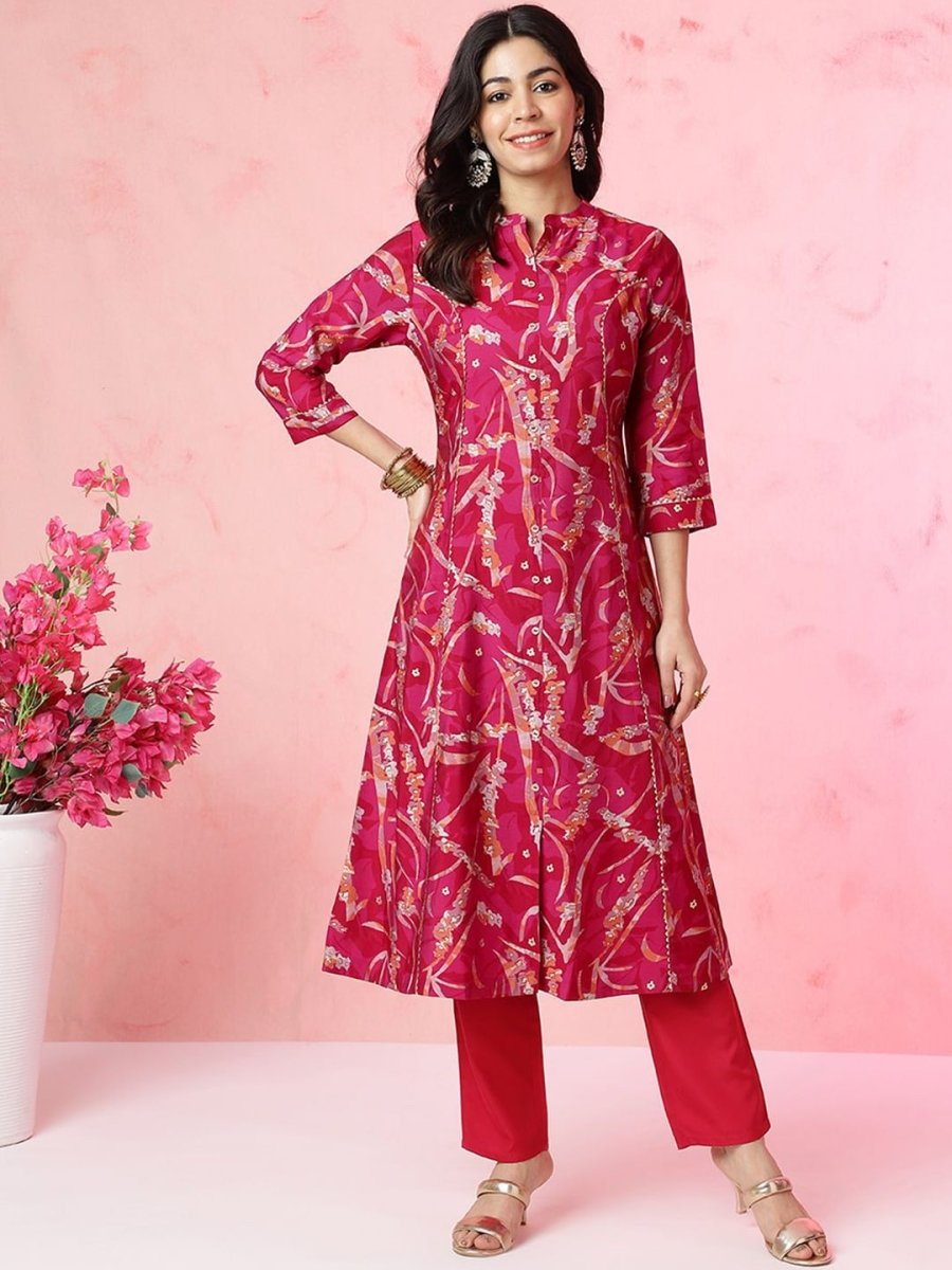 Anouk Fuchsia Abstract Printed Panelled Chanderi Silk Kurta with Trousers