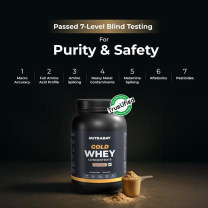 Nutrabay Gold Whey Protein Concentrate with Digestive Enzymes & Vitamin Minerals 25g Protein – Muscle Support & Recovery – 1kg, Cold Coffee | Trustified Certified Authentic