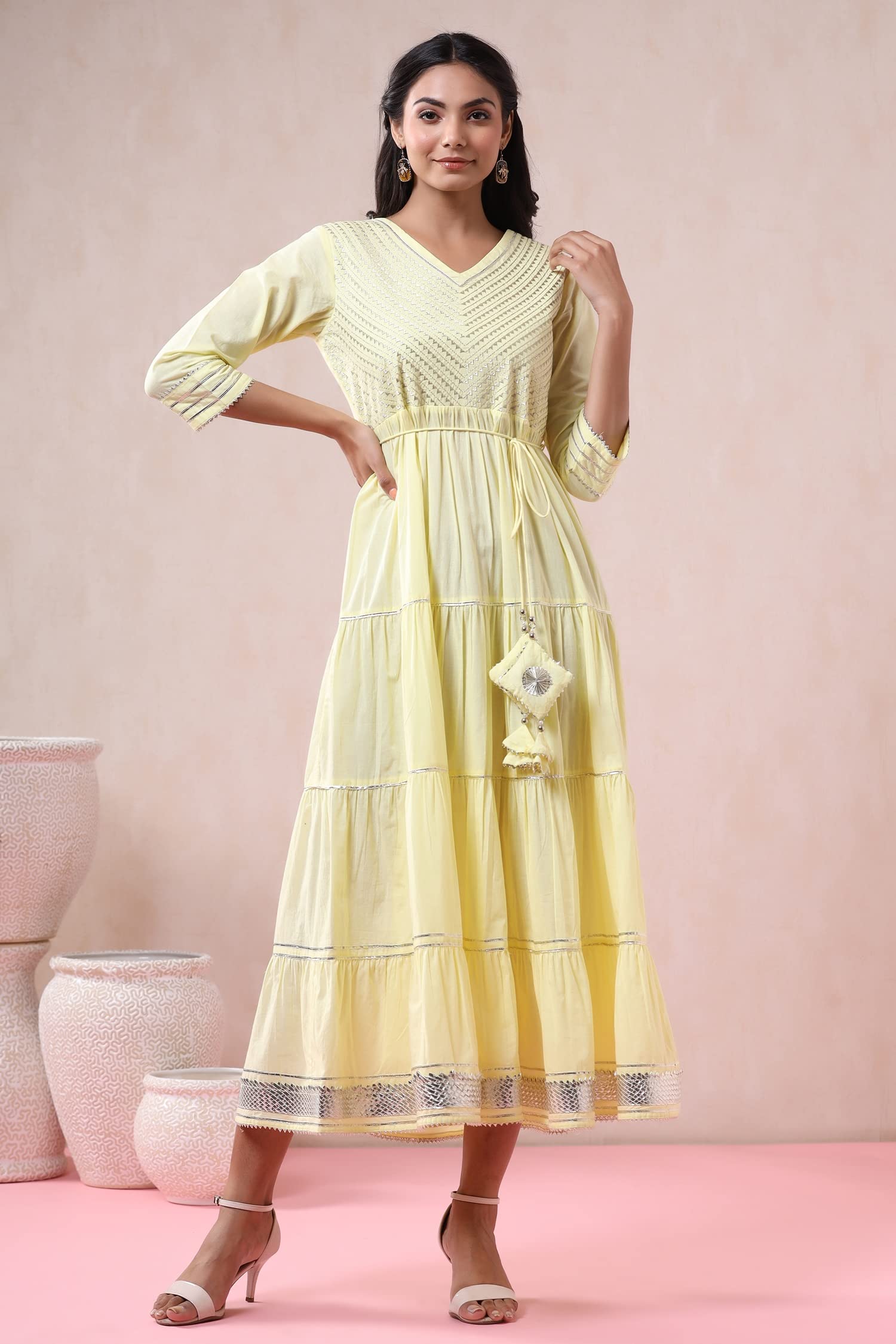 Juniper Women's Yellow Solid Pure Cotton Solid Tiered Maxi Dress With Gota Work Dori Tie-Up & Cushioned Tassels At Waist - Distacart