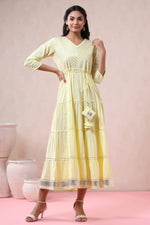 Thumbnail for Juniper Women's Yellow Solid Pure Cotton Solid Tiered Maxi Dress With Gota Work Dori Tie-Up & Cushioned Tassels At Waist - Distacart