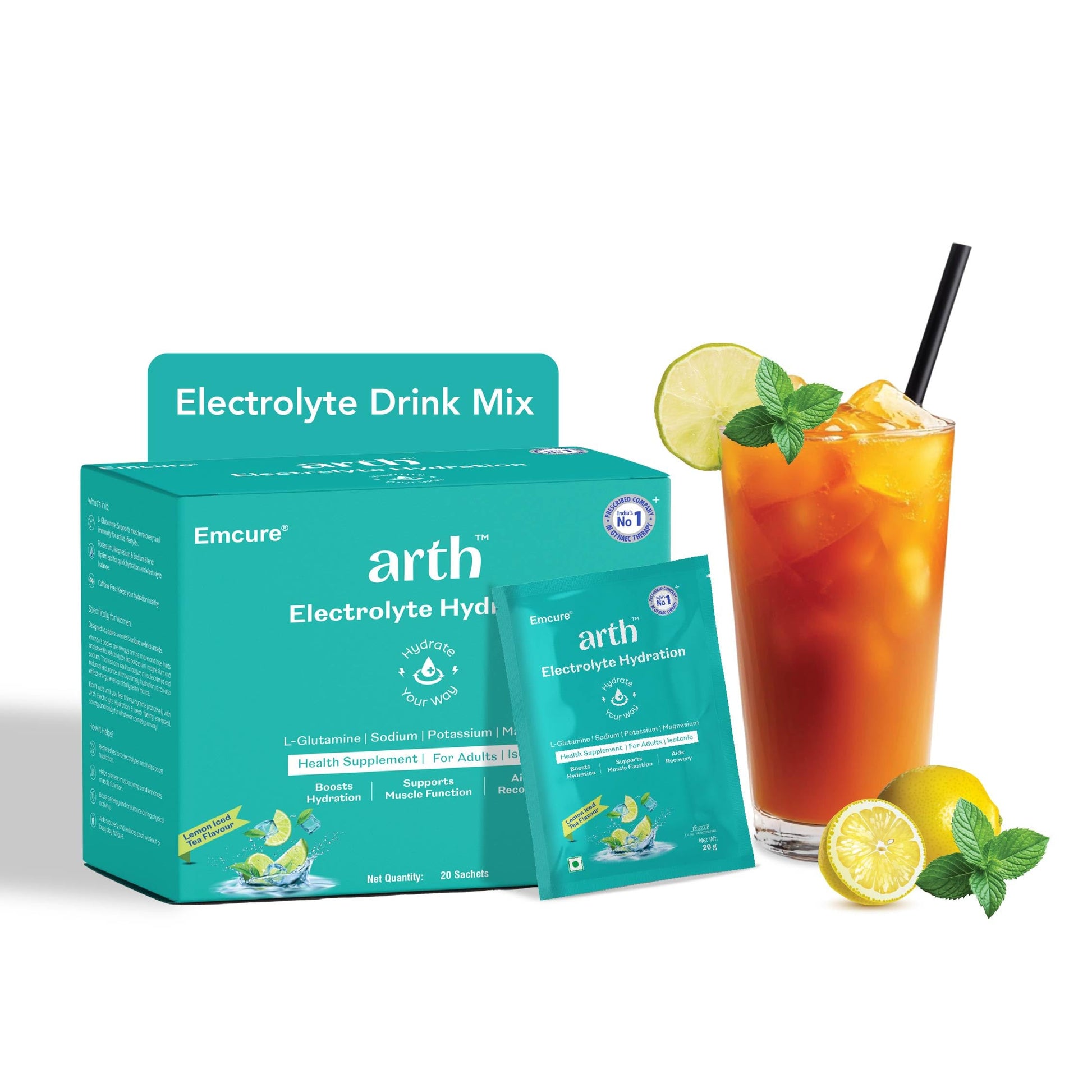 Arth Electrolyte Powder | Instant Daily Hydration Drink | L-Glutamine for Muscle Recovery & Gut Support | Low Sodium | Potassium & Magnesium | Lemon Iced Tea - Flavour | 20 Sachets
