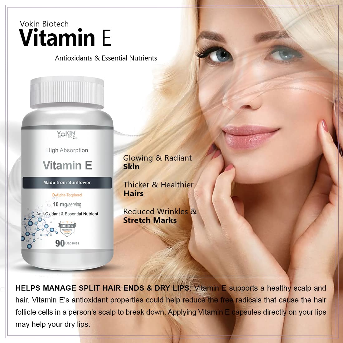 Vokin Biotech Natural Vitamin E from Sunflower - D-Alpha-Tocpherol - 10mg - 90 Capsules