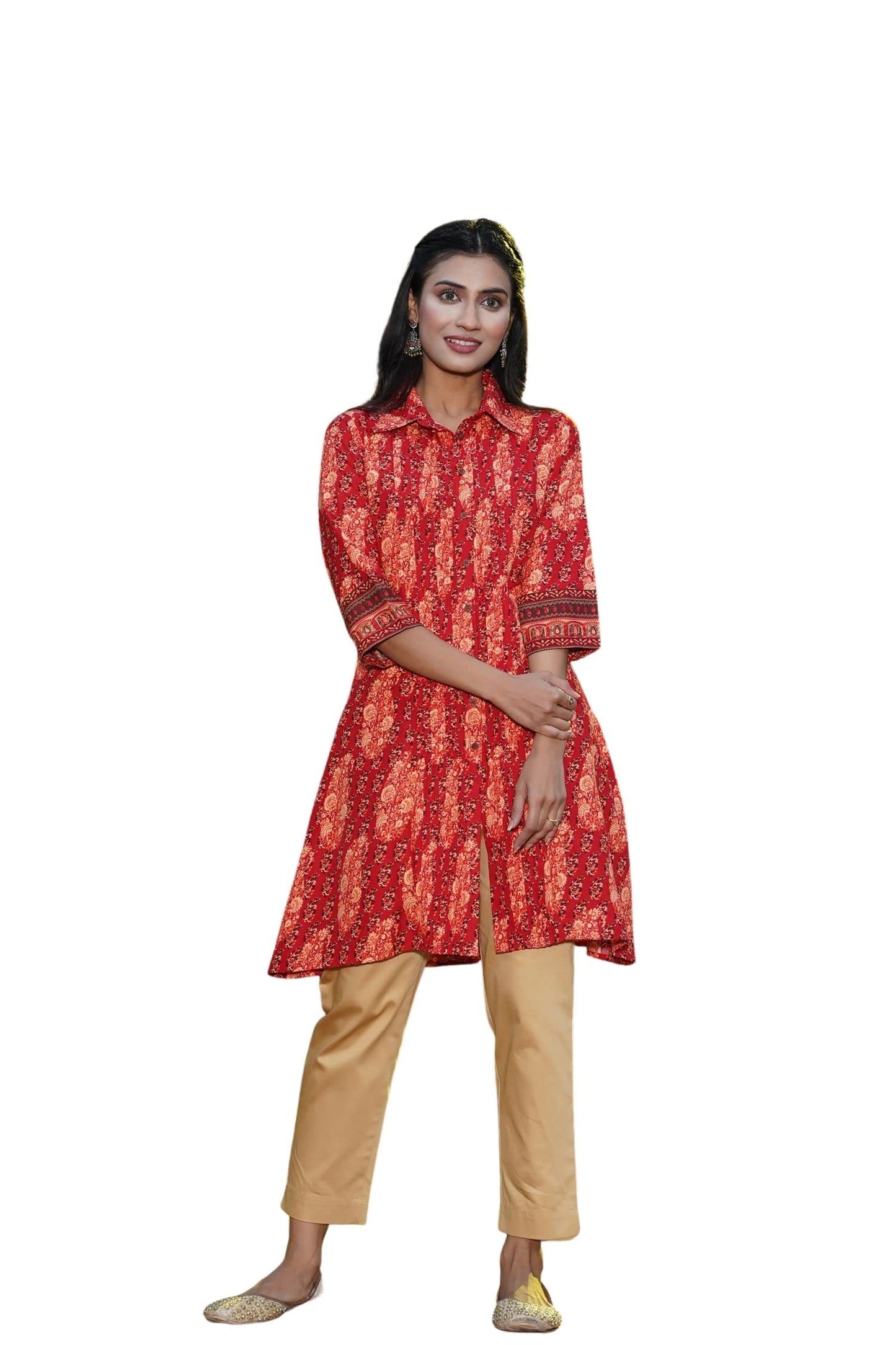 Juniper Women's Red Ethnic Motif Printed Rayon A-Line Kurta with Buttons - Distacart
