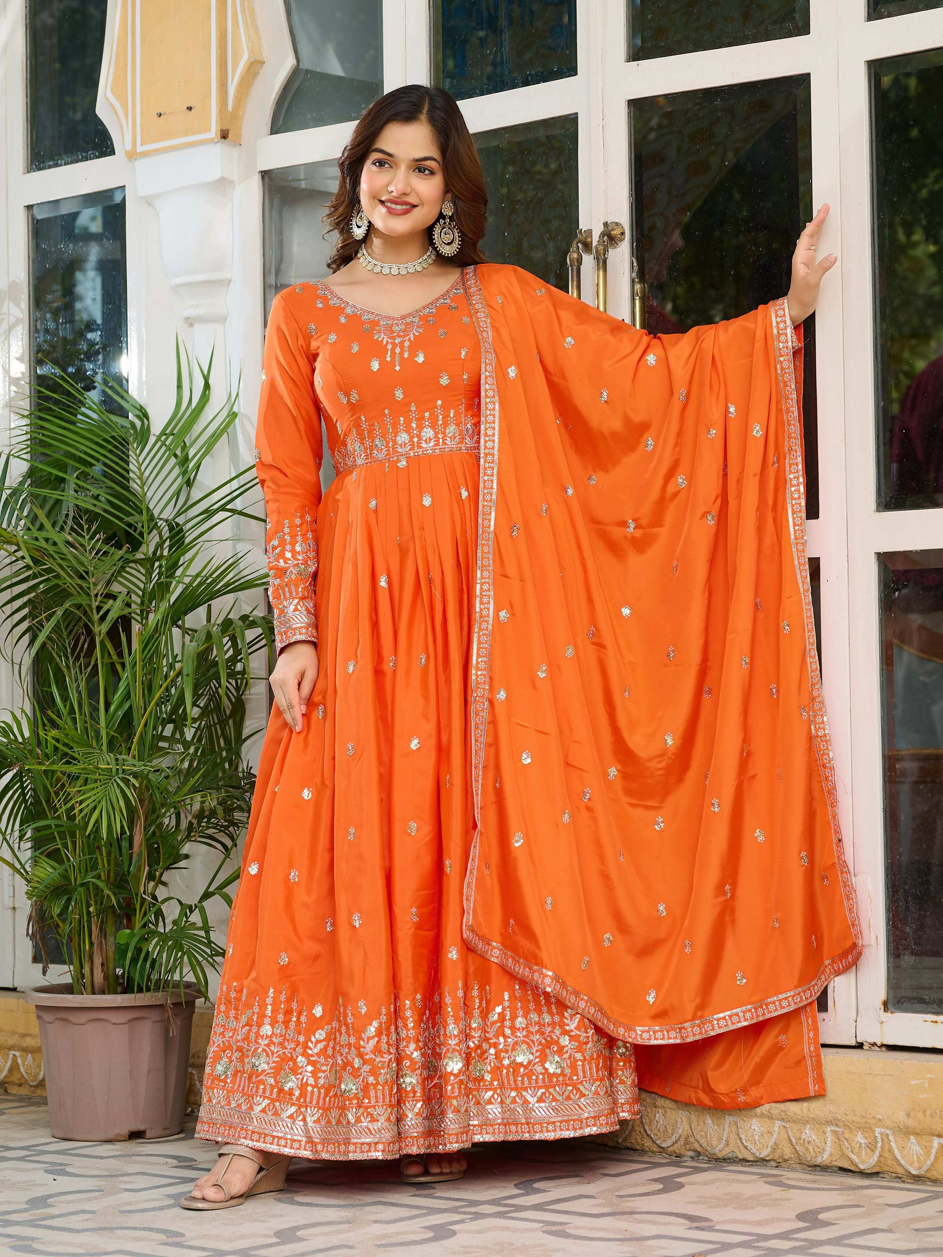 Joban Fashion orange Kurta set with Pant Art silk Thread with Sequins work