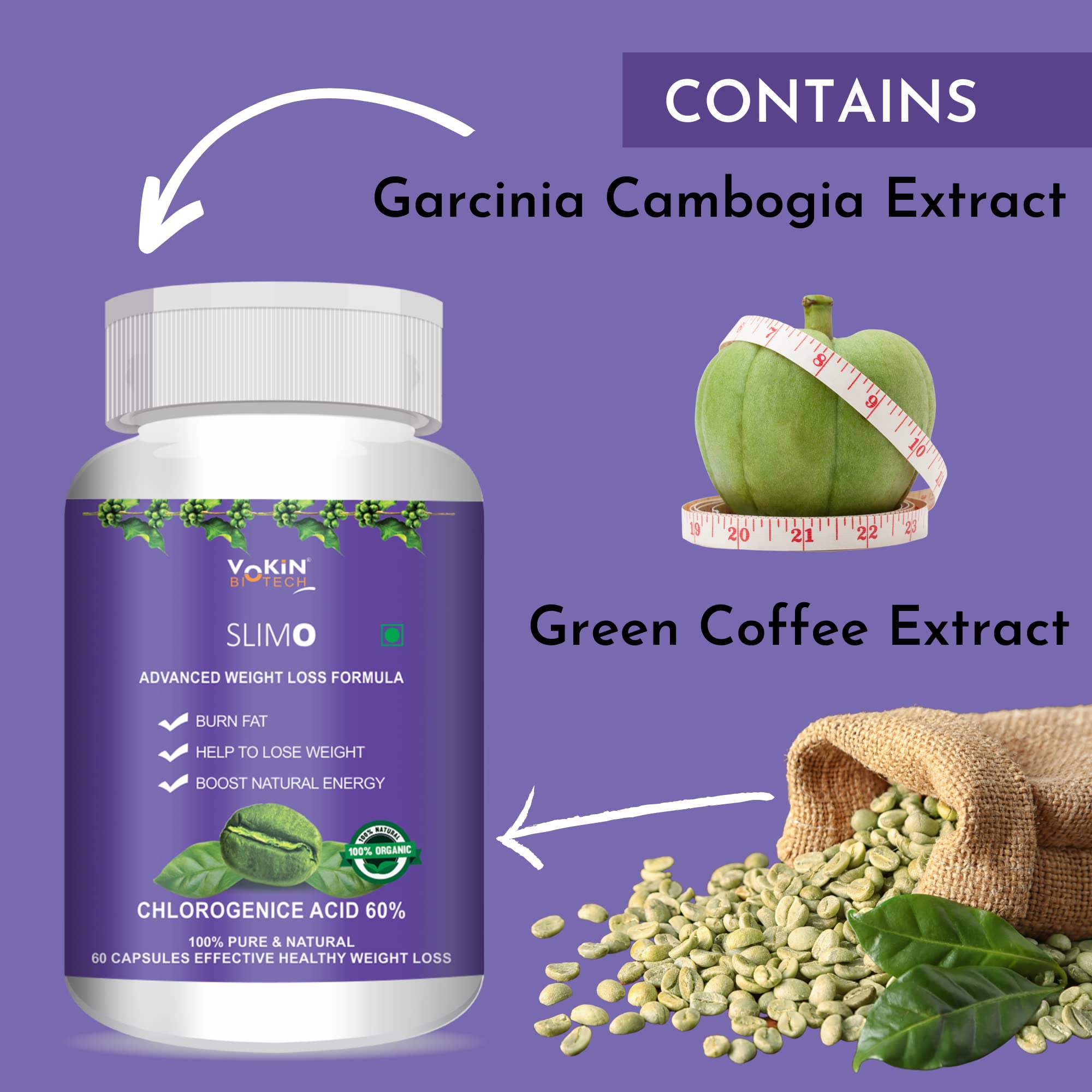 Vokin Biotech Slimo Advanced Weight Loss Formula with Green Coffee Extract 100mg and Garcinia Cambogia Extract 500mg Fat Burner for Men and Women (60 Capsules)