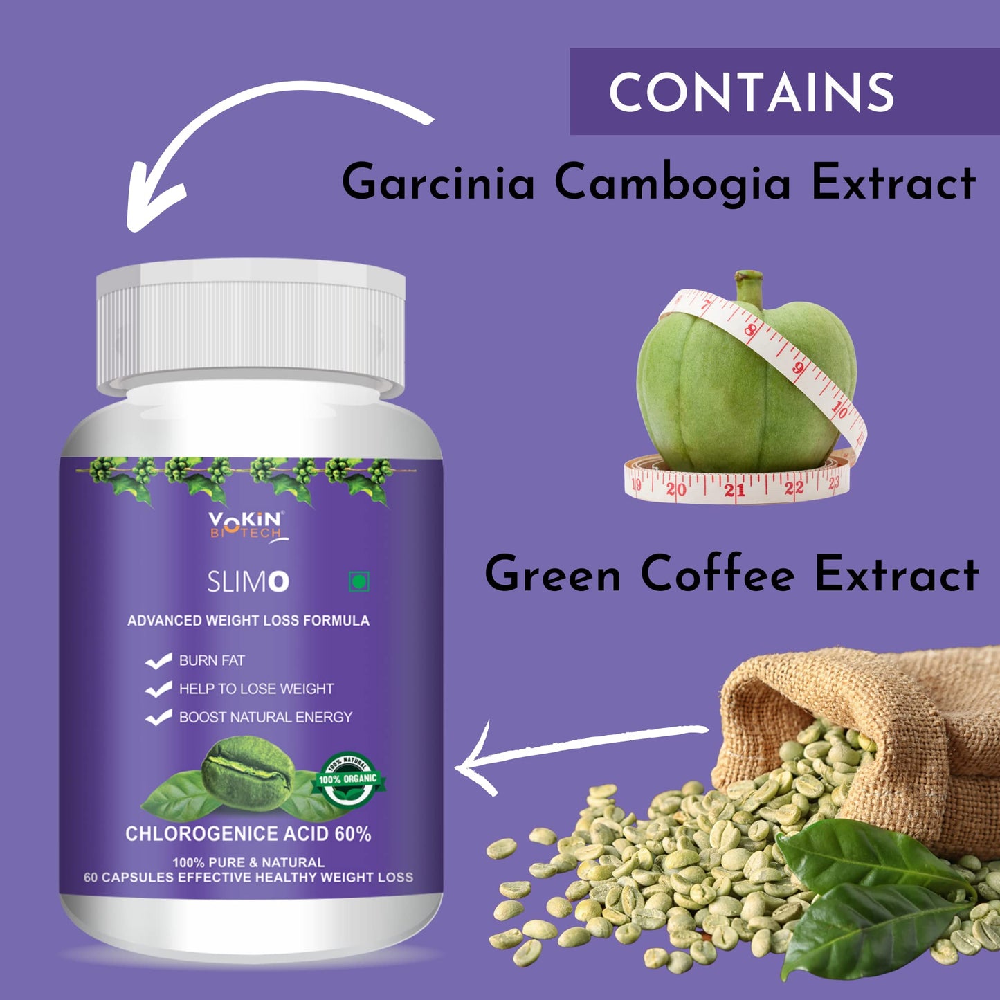 Vokin Biotech Slimo Advanced Weight Loss Formula with Green Coffee Extract 100mg and Garcinia Cambogia Extract 500mg Fat Burner for Men and Women (60 Capsules)