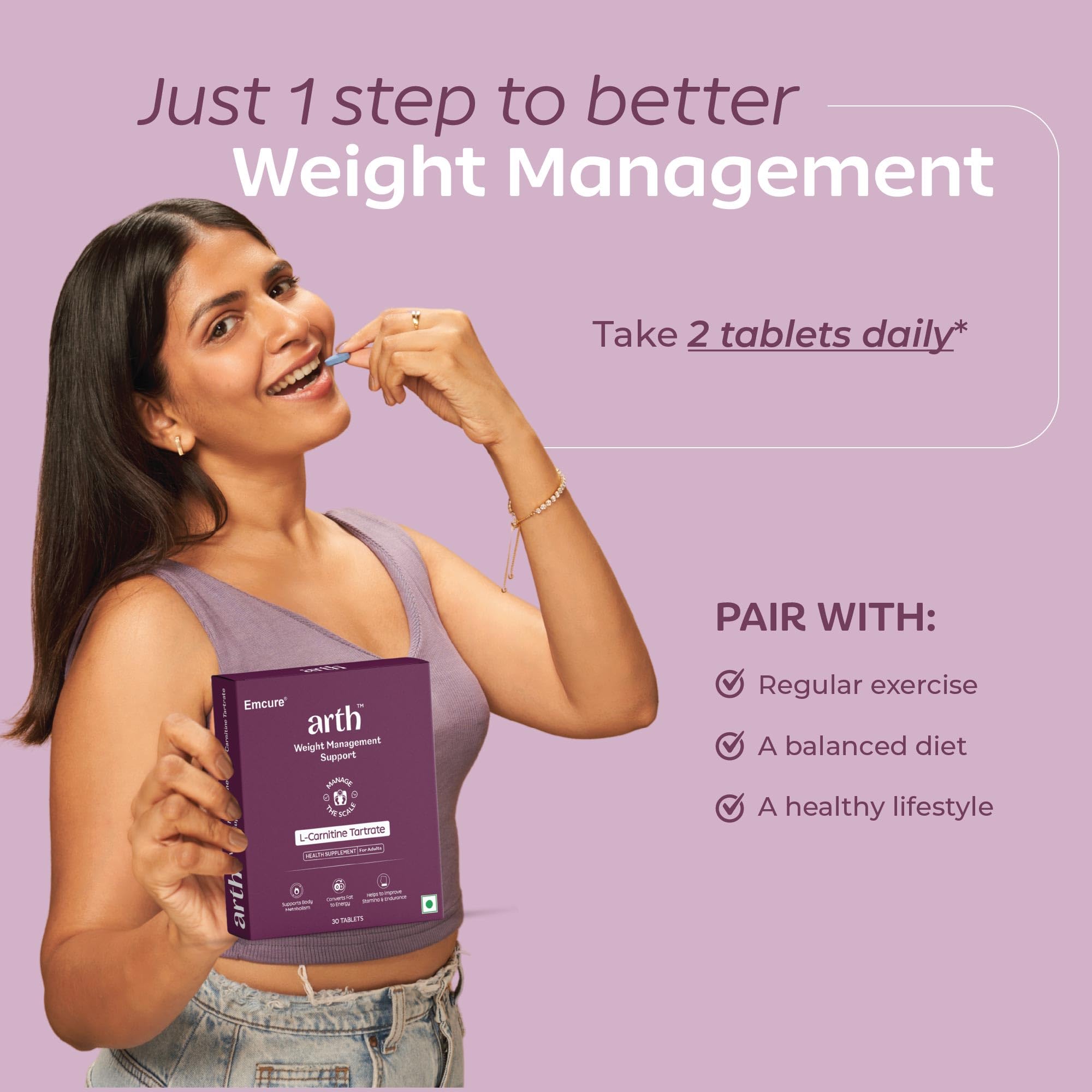 Arth Weight Management | Weight Management Supplement with L-Carnitine Tartrate 1500 mg | Metabolism Booster | Emcure Pharmaceuticals Ltd. | 30 Veg Weight Management Tablet for Men and Women