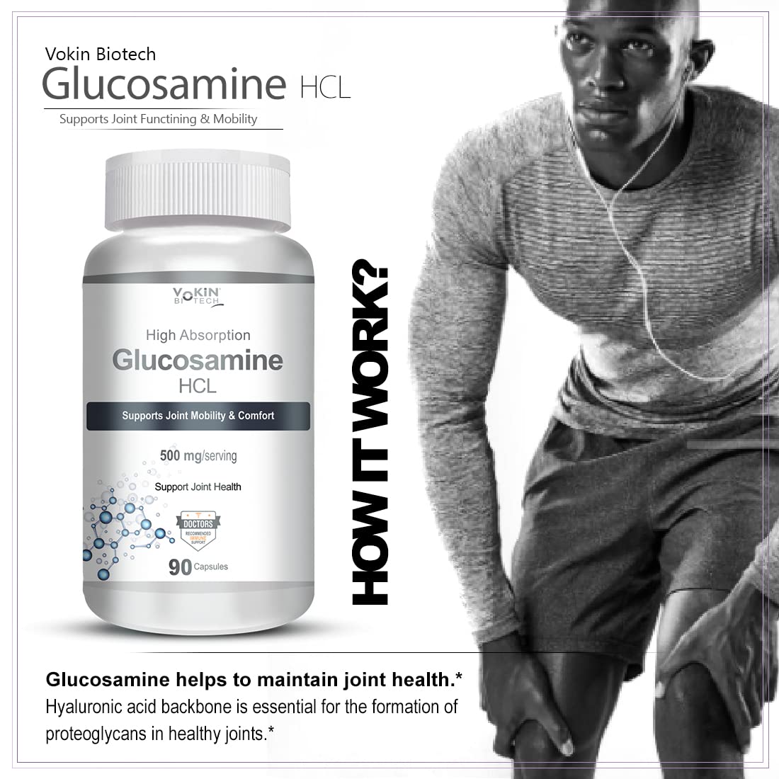 Vokin Biotech Glucosamine HCL Supplement Supports Joint Health -500mg (90 Capsules)