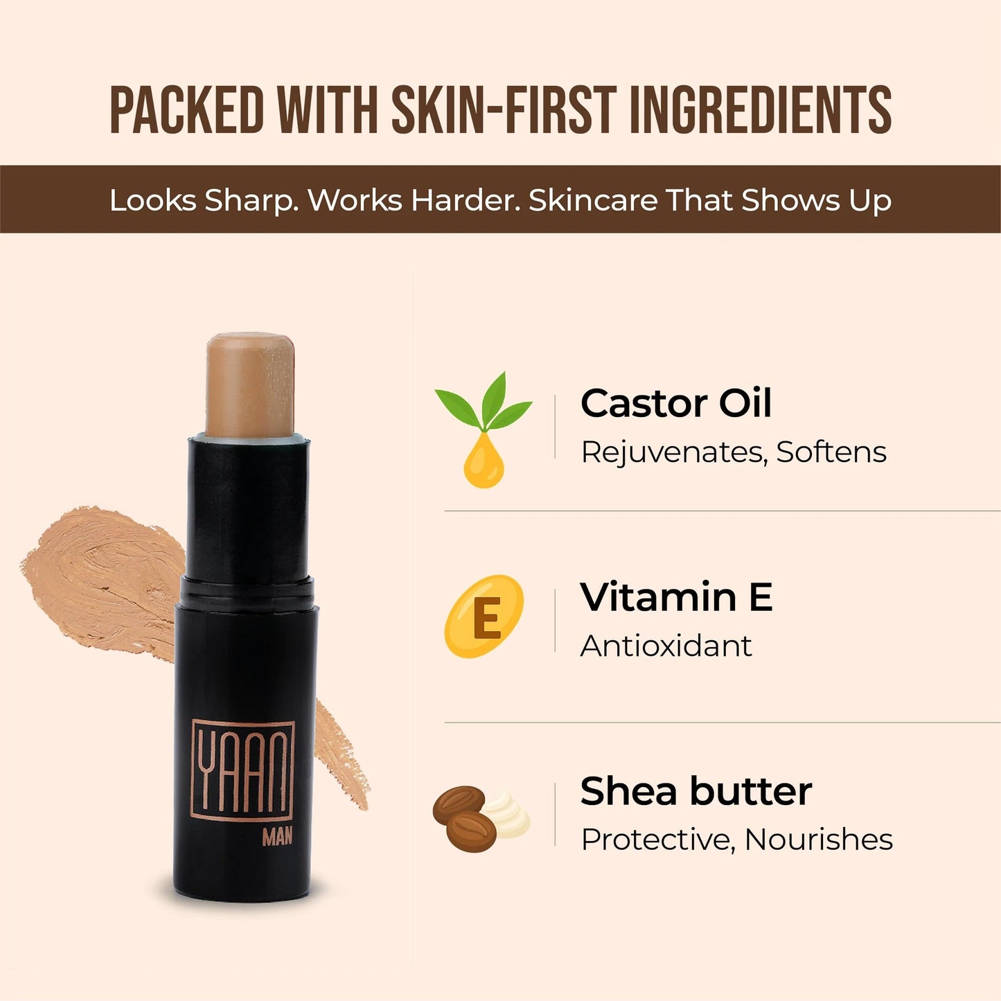 YAAN MAN Natural Concealer For All Skin Type For Men (Light Shade), 4.4G|Erase Dark Circles, Scars, Pigmentation| Perfection Stick For Perfect Skin, Medium Coverage|With Shea Butter And Vitamin E