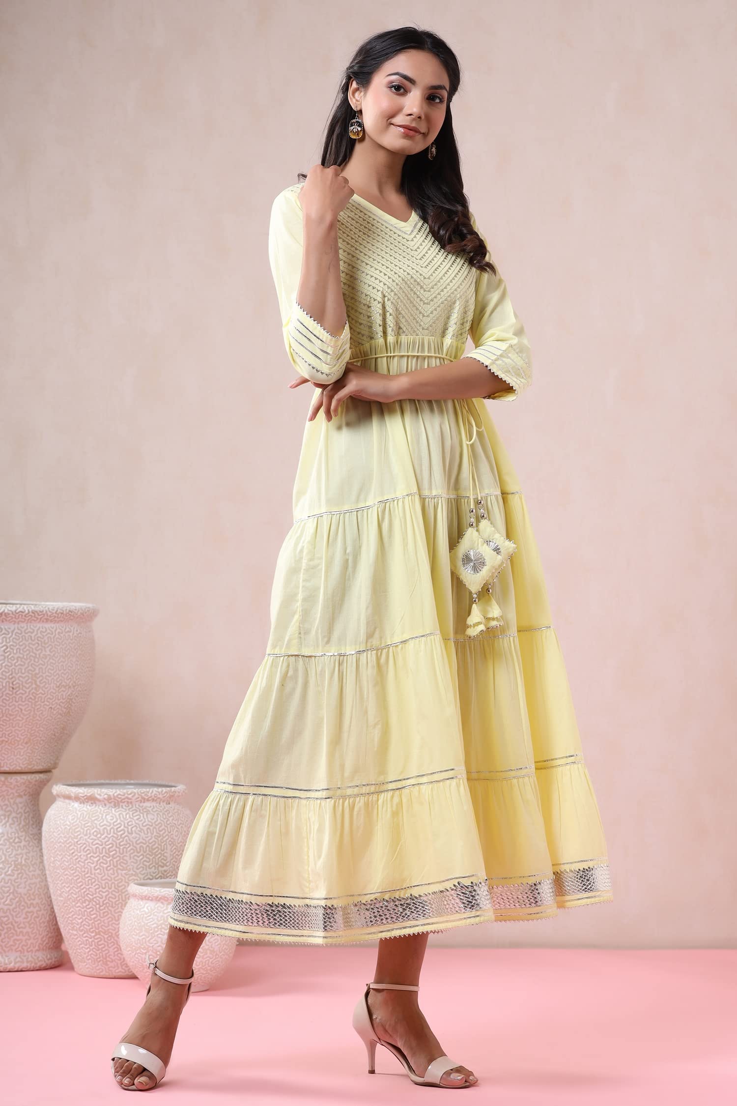 Juniper Women's Yellow Solid Pure Cotton Solid Tiered Maxi Dress With Gota Work Dori Tie-Up & Cushioned Tassels At Waist - Distacart