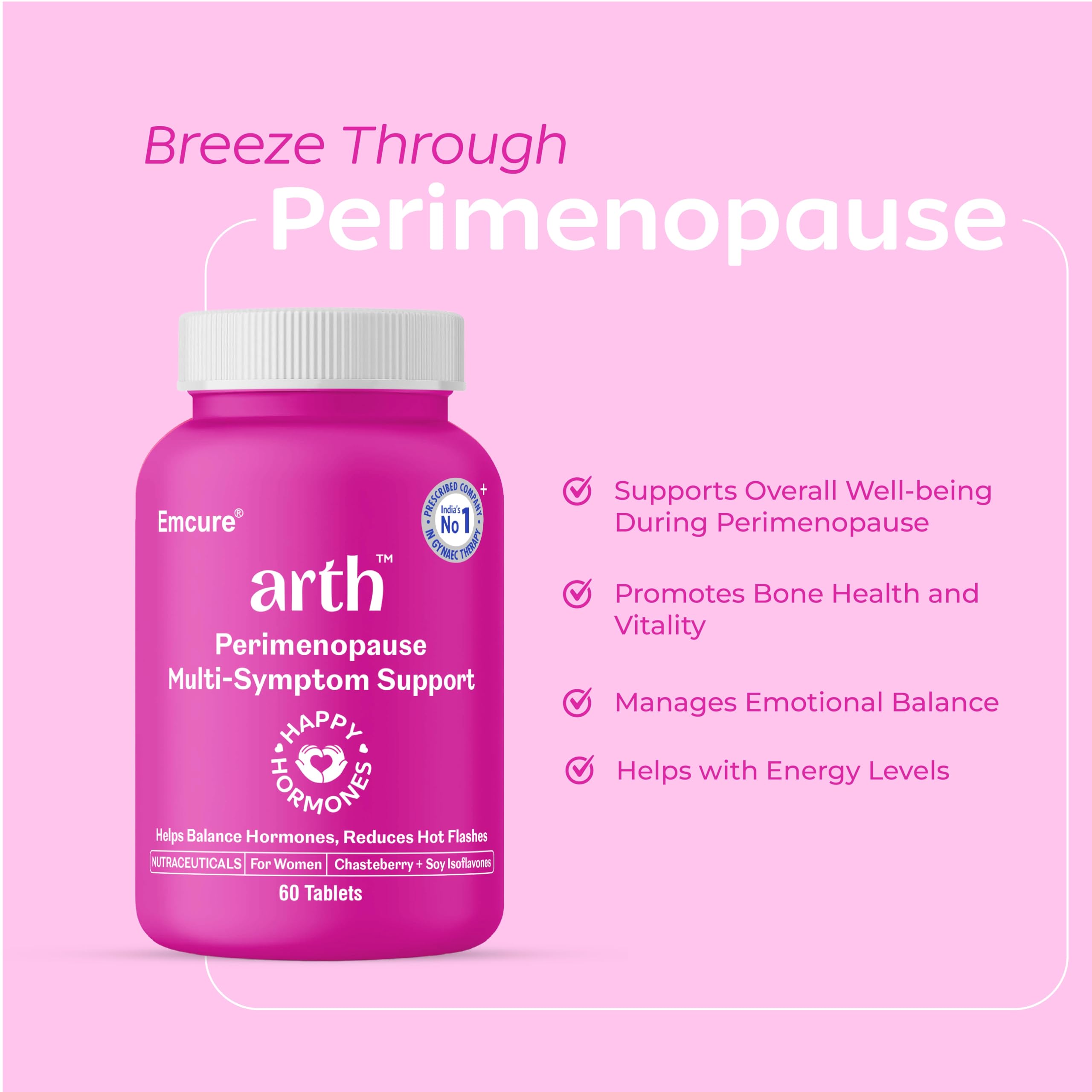 Arth Perimenopause Support | Menopause Supplement for Women to Help with Hot Flashes, Mood Swings, Night Sweats & Hormonal Balance with Ashwagandha, Chasteberry & Soy Isoflavones | 60 Veg Tablets
