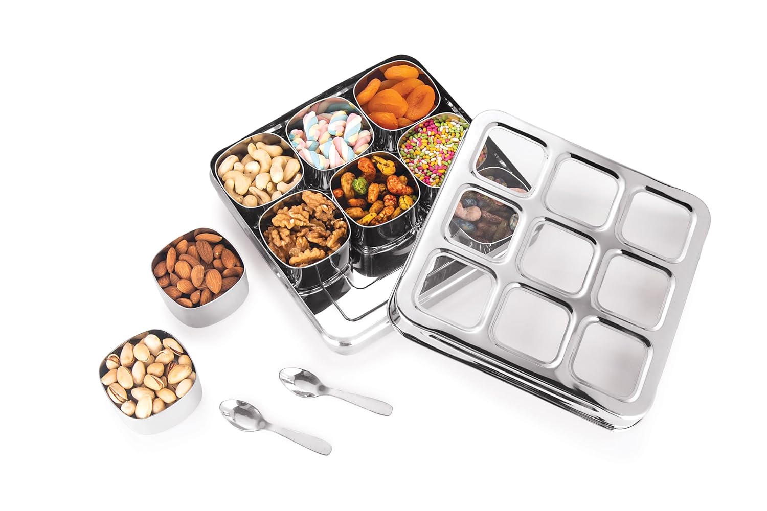 MARU Stainless Steel 9-in-1 Square Masala Dabba – Spice Box with 9 Round Containers - Dista