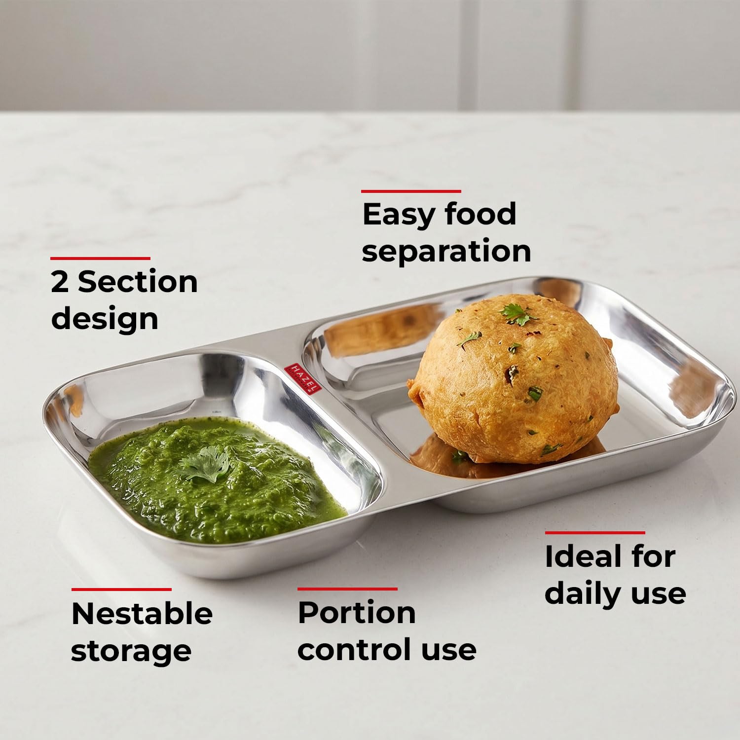 HAZEL 2 Compartment Stainless Steel Section Plate | Rectangle Divided Thali Tray - Dista