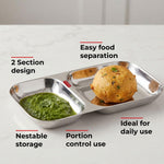 Thumbnail for HAZEL 2 Compartment Stainless Steel Section Plate | Rectangle Divided Thali Tray - Dista