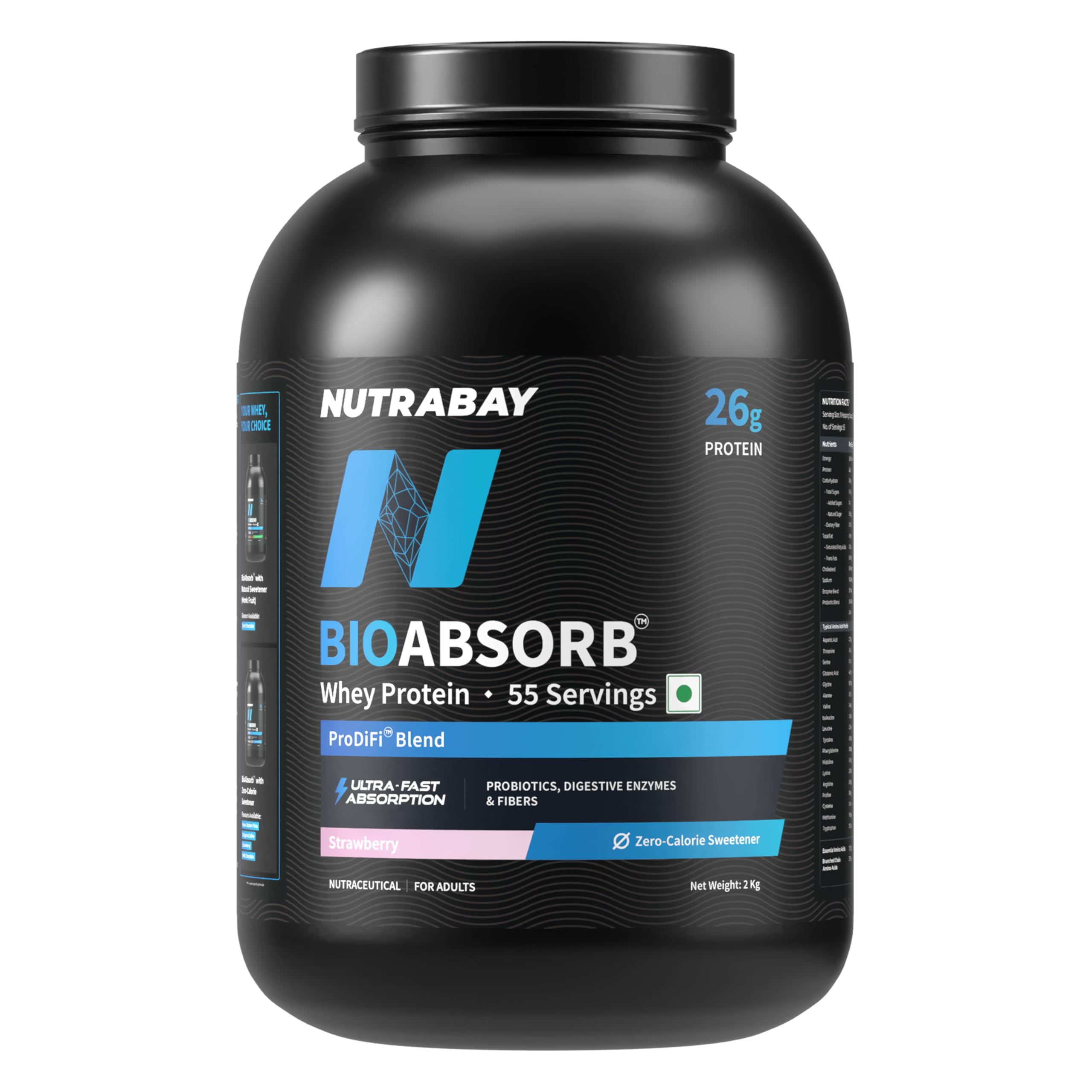 Nutrabay BioAbsorb™ Whey | ProDiFi™ for Ultra-Fast Absorption | 26g Protein | Strawberry, | No Bloating | No Added Sugar | Fast Recovery | India's 1st Blend of Fiber, Probiotics & Enzymes