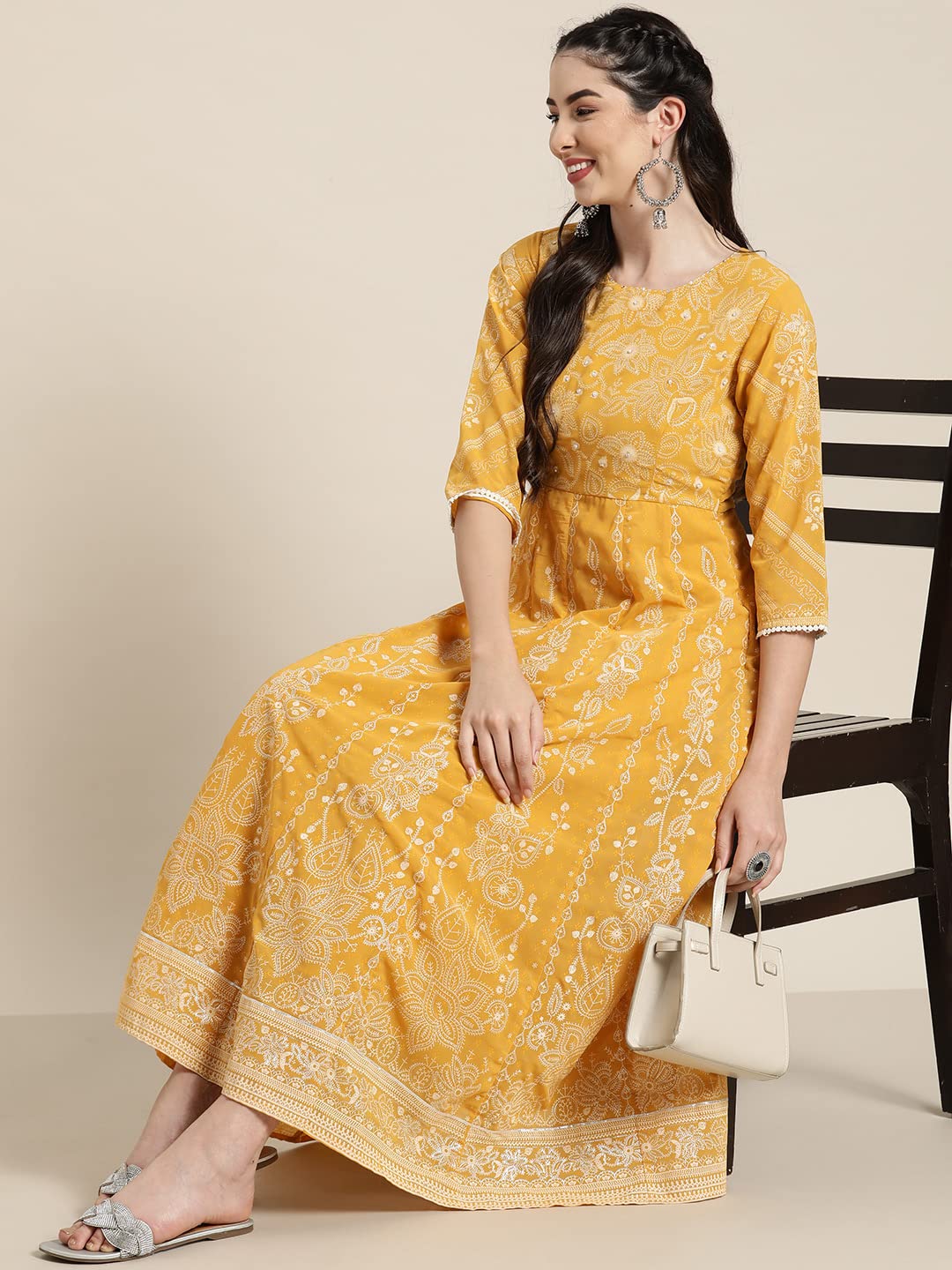 Juniper Women's Yellow Floral Printed Georgette Maxi Dress With Beads Kantha Work & Sequins At Neckline - Distacart