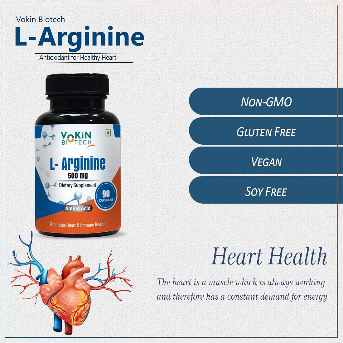 Vokin Biotech L Arginine 500mg 90 Capsules With Essential Amino Acid and Nitric Oxide