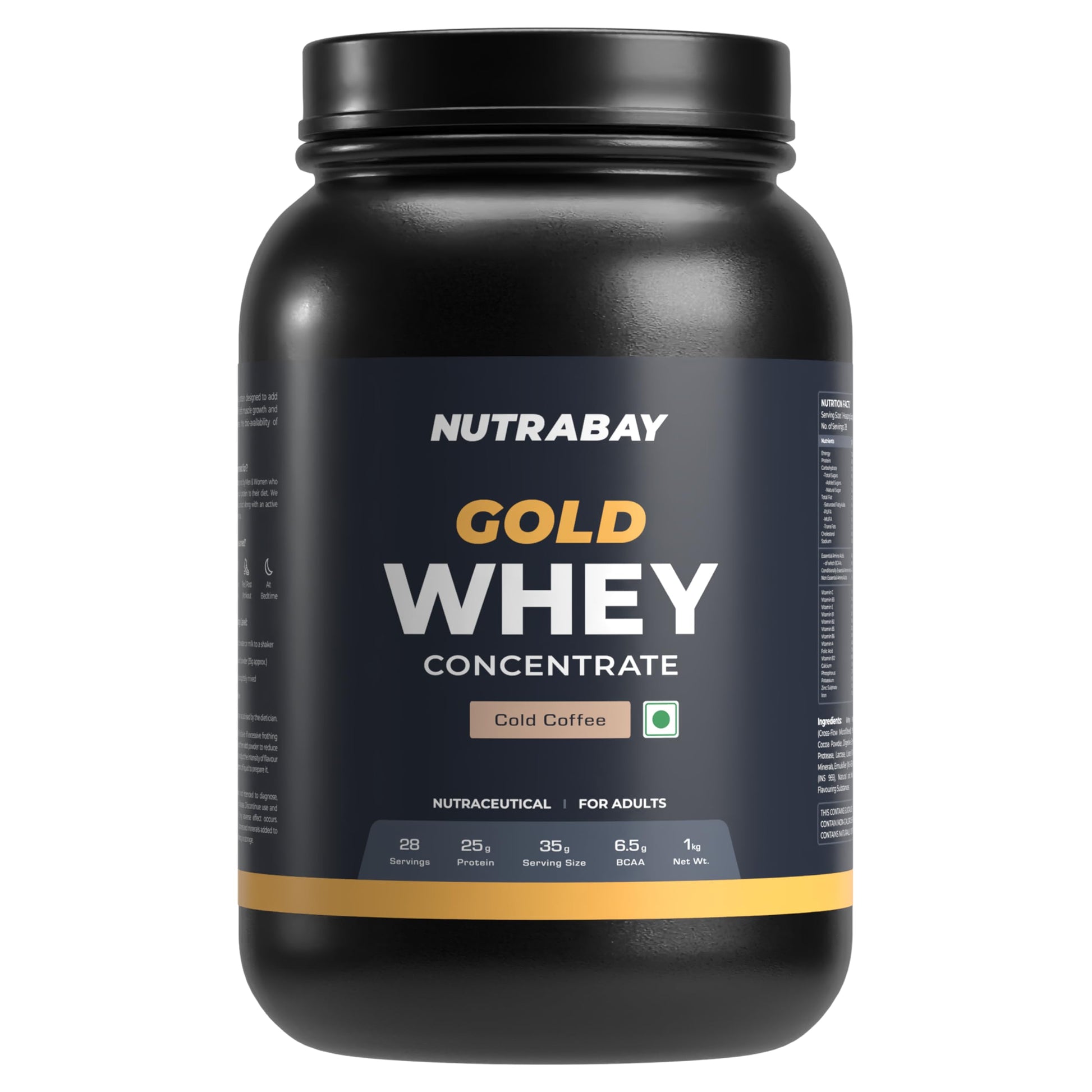 Nutrabay Gold Whey Protein Concentrate with Digestive Enzymes & Vitamin Minerals 25g Protein – Muscle Support & Recovery – 1kg, Cold Coffee | Trustified Certified Authentic