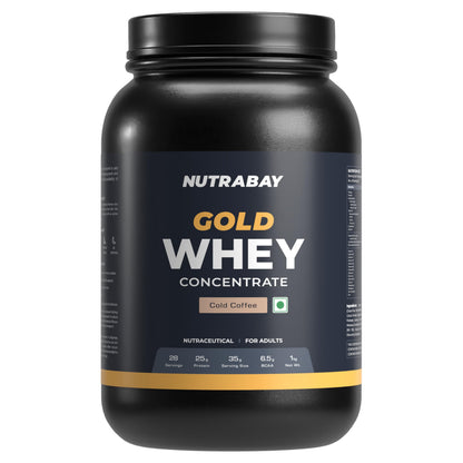 Nutrabay Gold Whey Protein Concentrate with Digestive Enzymes & Vitamin Minerals 25g Protein – Muscle Support & Recovery – 1kg, Cold Coffee | Trustified Certified Authentic