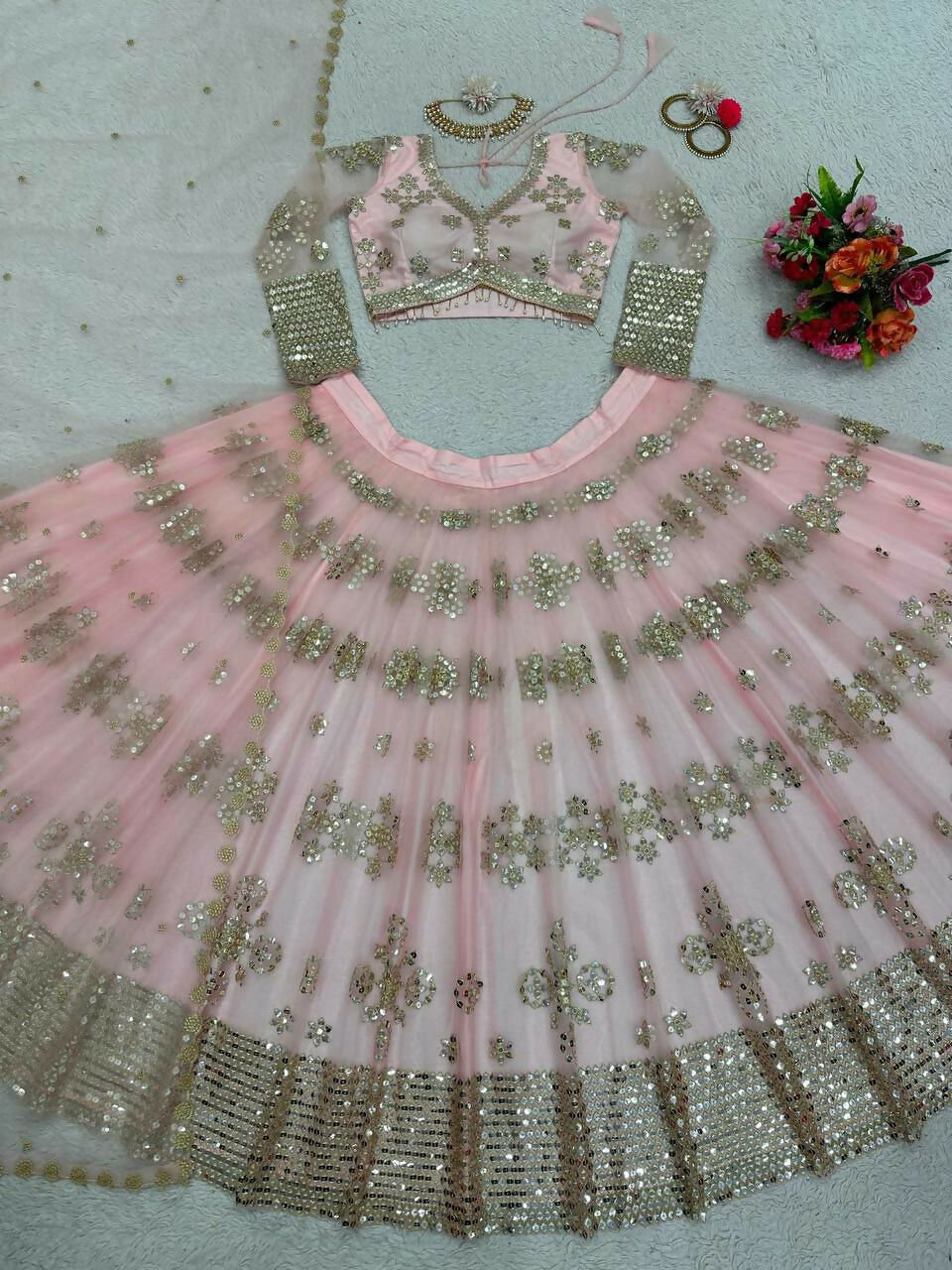 Jyoti Fashion Women's Baby Pink Butterfly Net 9MM Sequins with Thread Embroidered Designer Lehenga Choli Set - Distacart