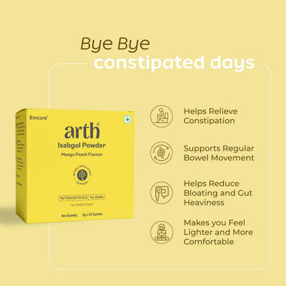 Arth Isabgol Powder | Psyllium Husk with Inulin & Curcumin | Fiber for Constipation relief & Bloating | Mango Peach Flavour | 6g x 20 Sachets