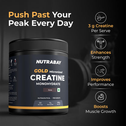 Nutrabay Gold Micronised Creatine Monohydrate Powder 3000 mg Creatine per Serving, NABL Lab Tested – Increases Muscle Mass, Strength & Power – Pre/Post Workout Supplement – 120g, Cola