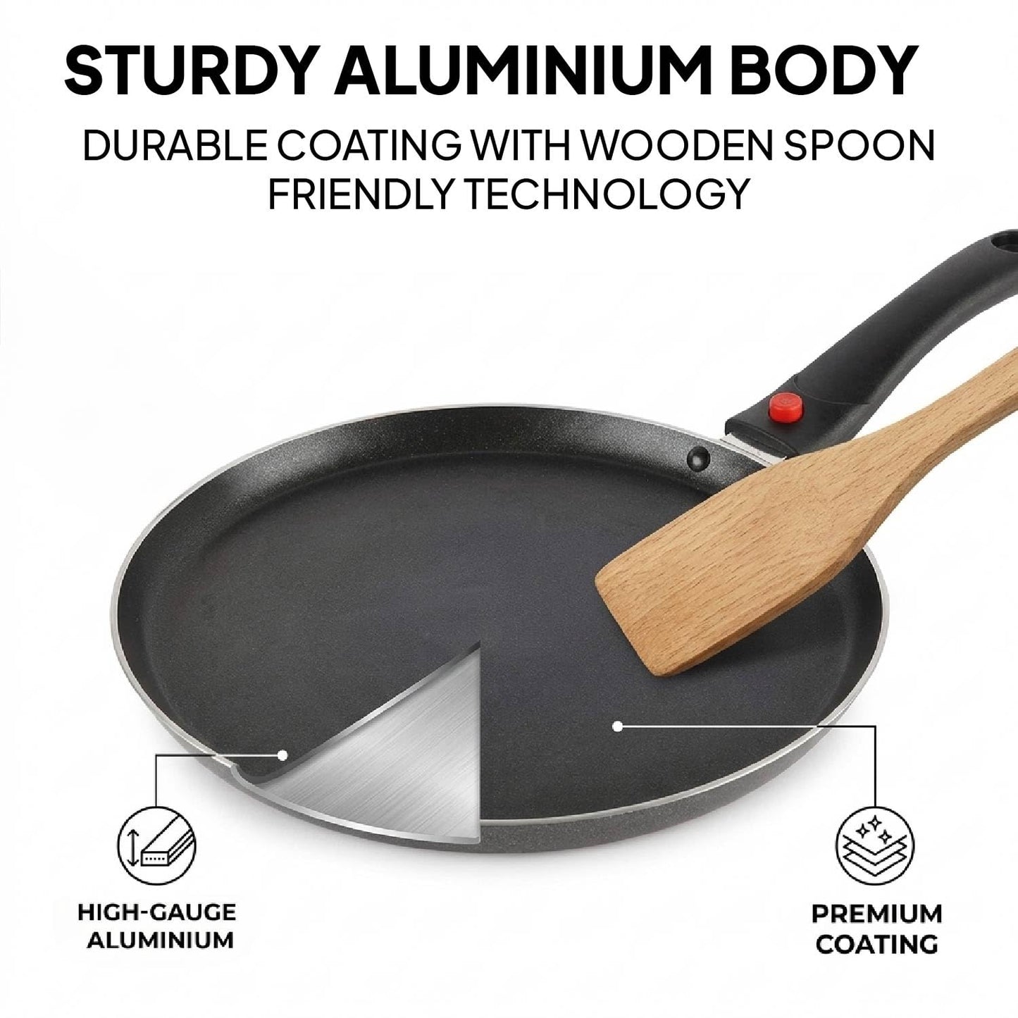 CELLO Aluminium Non-Stick Induction Base Dosa Tawa with Detachable Bakelite Handle 28 CM Black - Dista