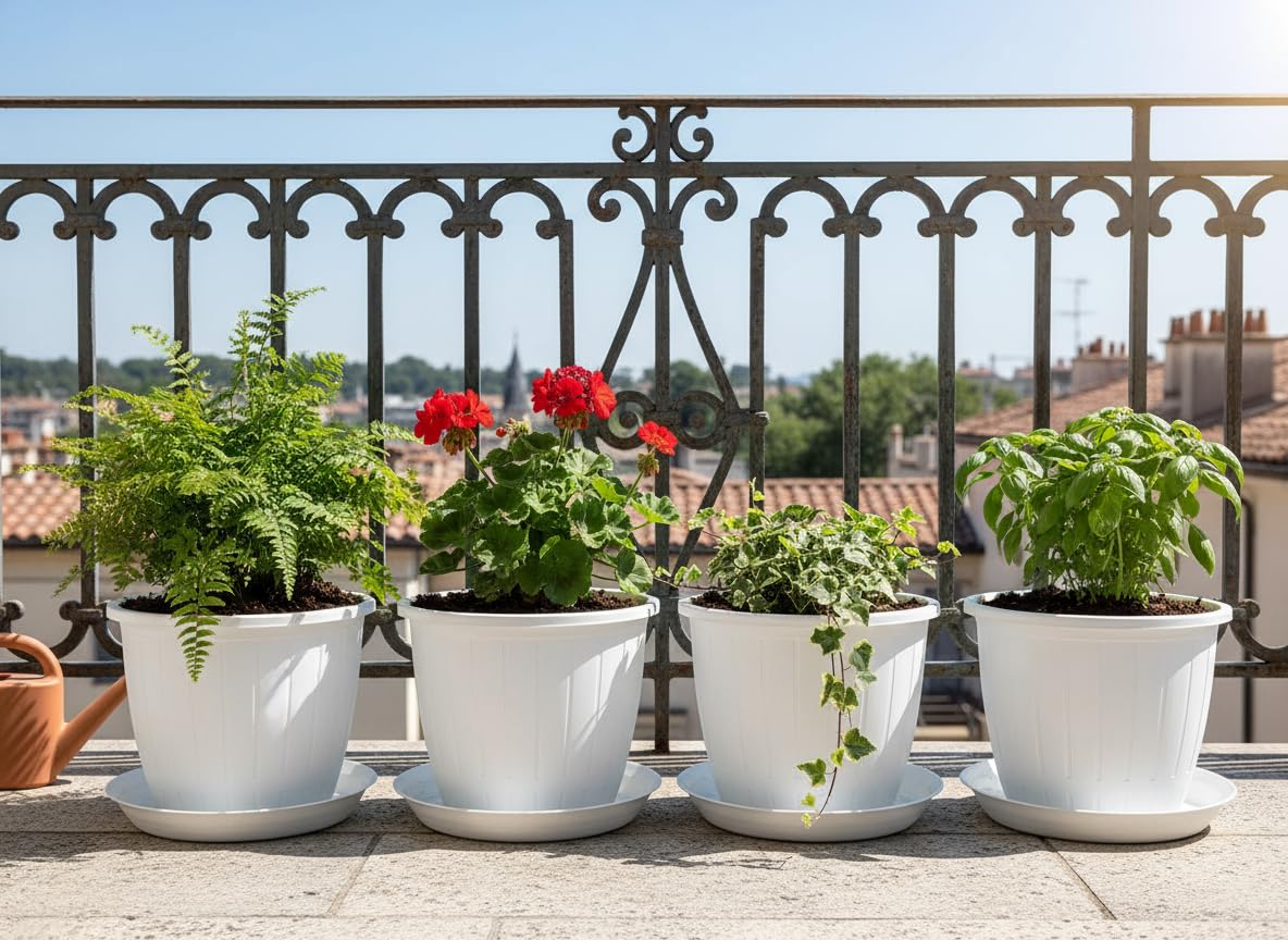Go Hooked Go HookedPlastic Duro Flower Pot for Gardening, Indoor/Outdoor Planter-White (10 Inch)(Pack of 4 with Tray)