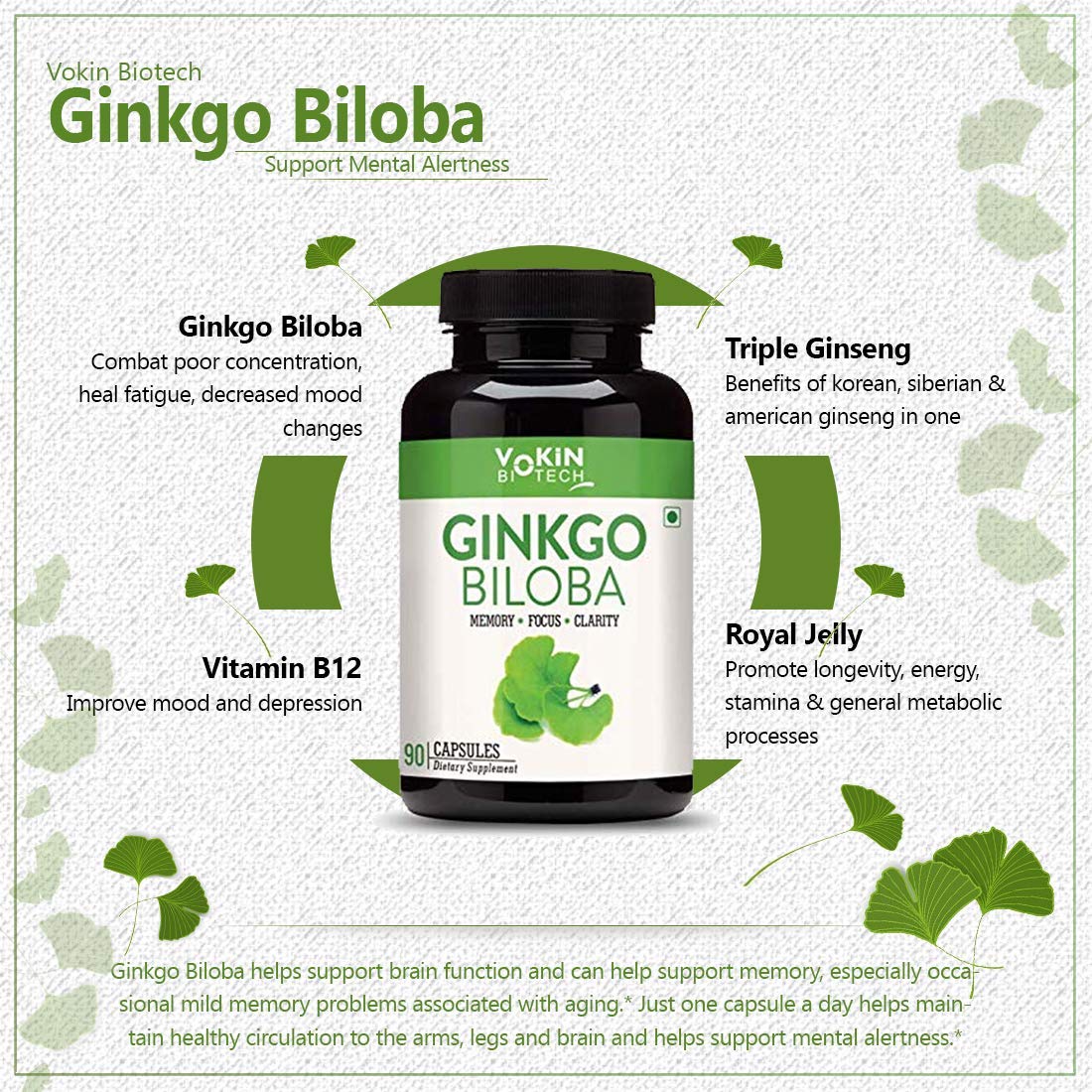 Vokin Biotech Ginkgo Biloba with Brahmi Boosts Concentration & Learning Activities 90 Capsules