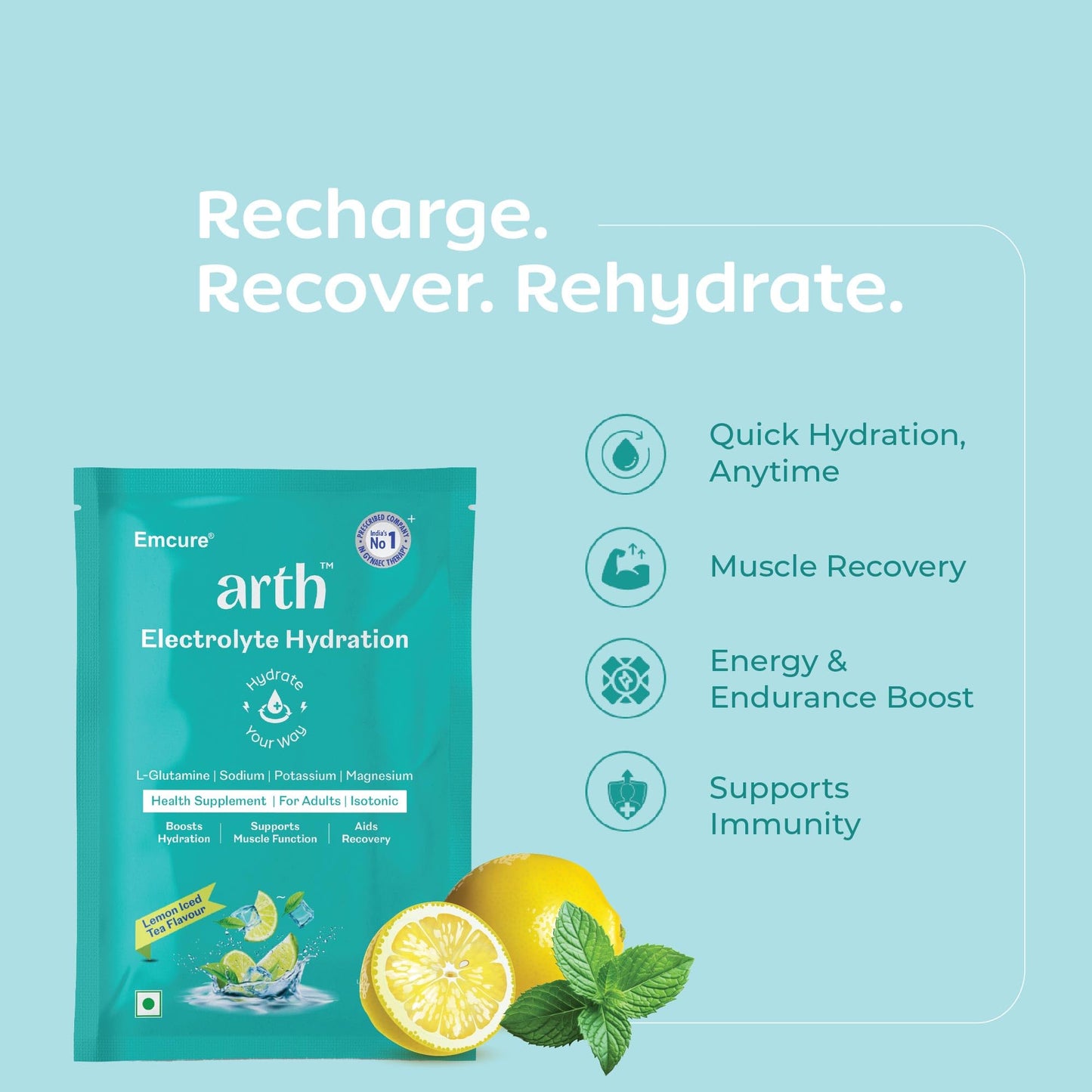 Arth Electrolyte Powder | Instant Daily Hydration Drink | L-Glutamine for Muscle Recovery & Gut Support | Low Sodium | Potassium & Magnesium | Lemon Iced Tea - Flavour | 20 Sachets