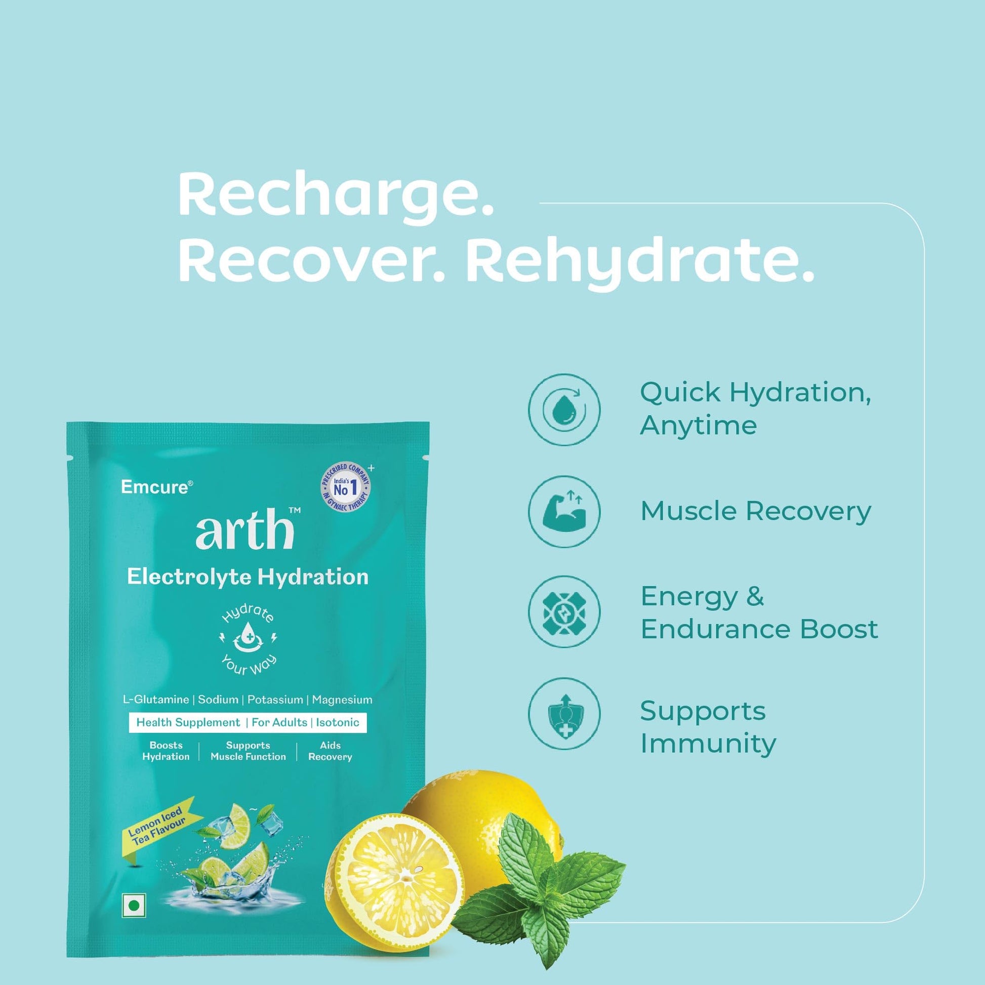Arth Electrolyte Powder | Instant Daily Hydration Drink | L-Glutamine for Muscle Recovery & Gut Support | Low Sodium | Potassium & Magnesium | Lemon Iced Tea - Flavour | 20 Sachets