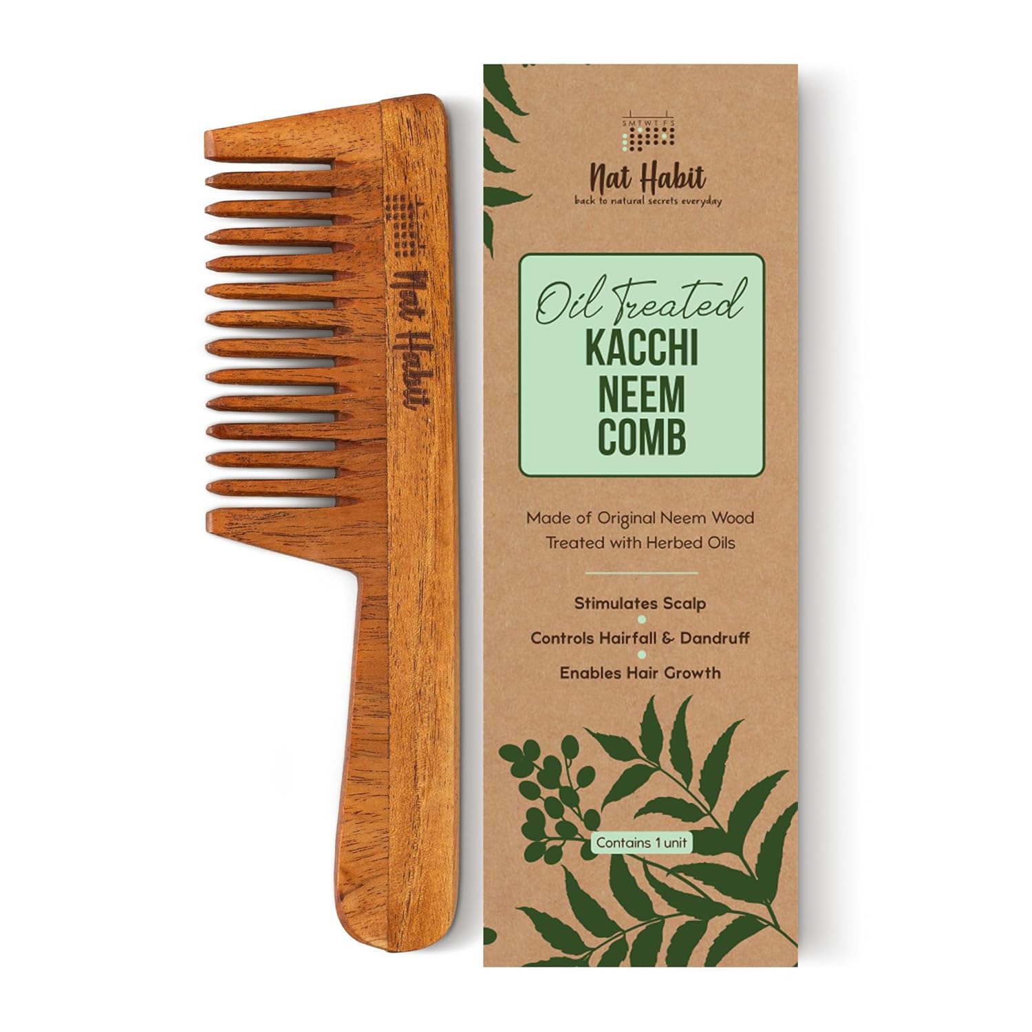 Nat Habit - Back To Natural Secrets Everyday Kacchi Neem Comb, Wooden Comb For Men, Women, Treated With Neem Oil, Bhringraj & 17 Herbs (Wide Tooth) 18-20Cm Length Brown - Distacart