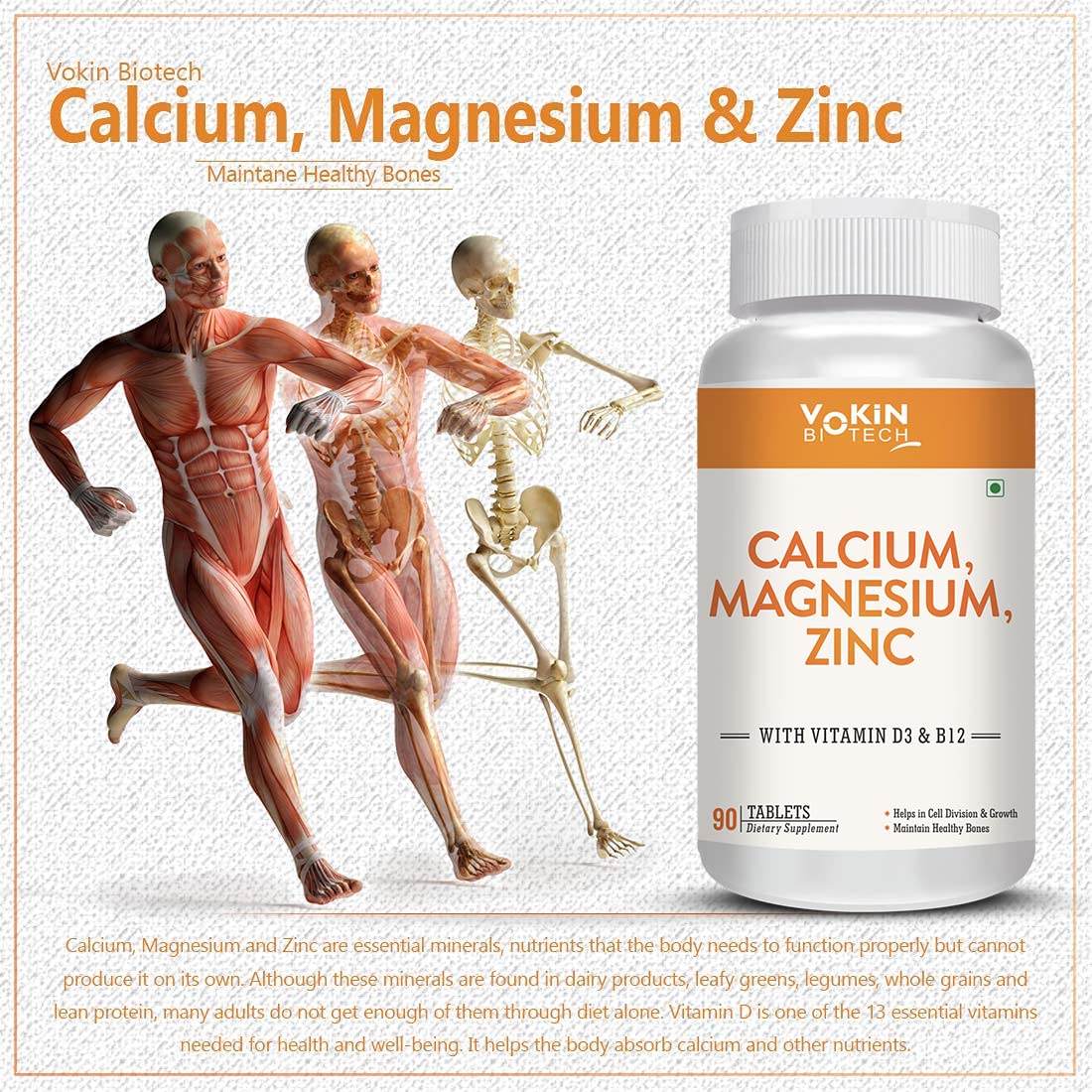 Vokin Biotech Calcium, Magnesium, Zinc, D3 & B12-90 Tablets