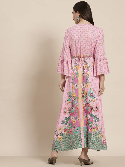 Juniper Women's Pink Floral Printed Rayon Kurta With Buttons Closure At Back - Distacart