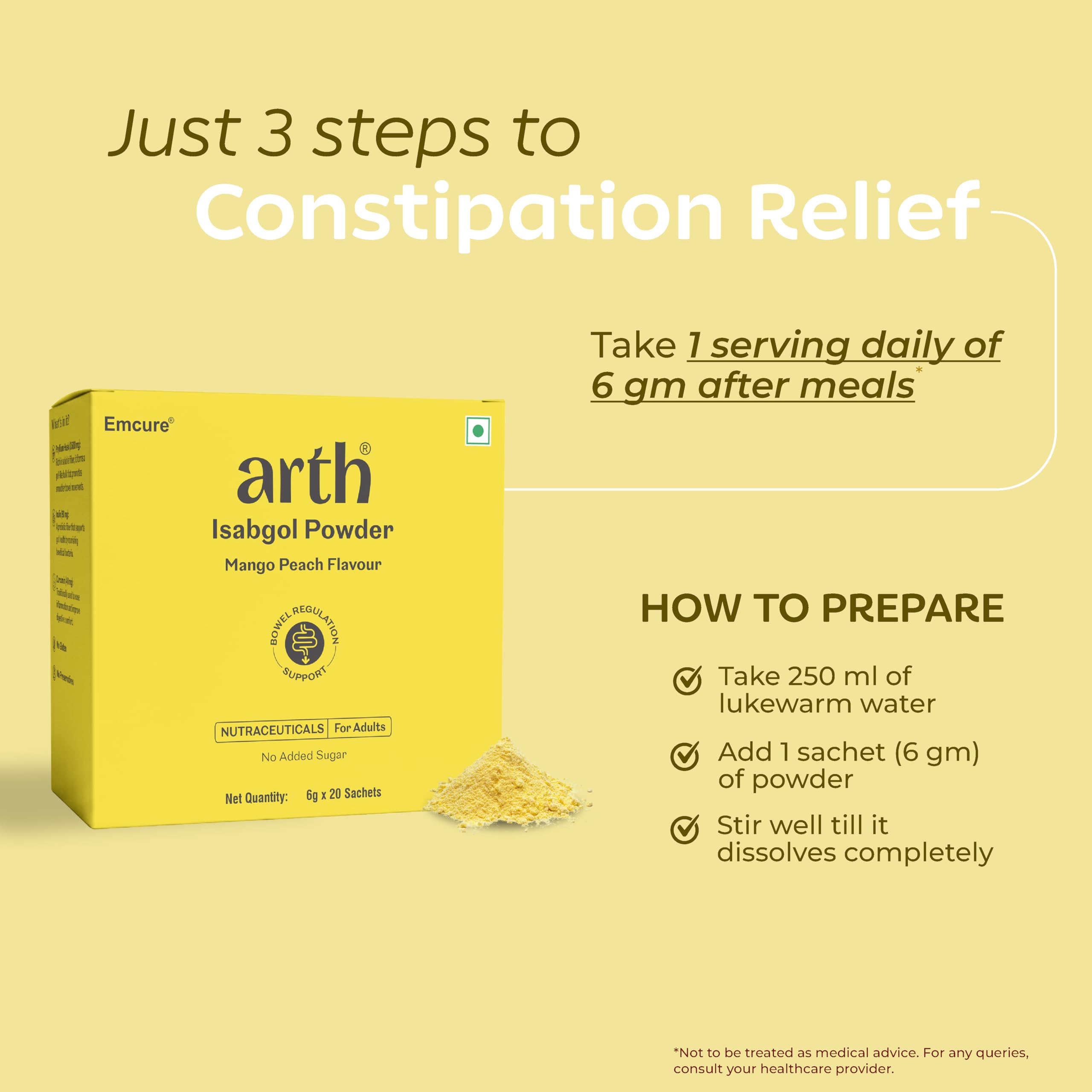 Arth Isabgol Powder | Psyllium Husk with Inulin & Curcumin | Fiber for Constipation relief & Bloating | Mango Peach Flavour | 6g x 20 Sachets