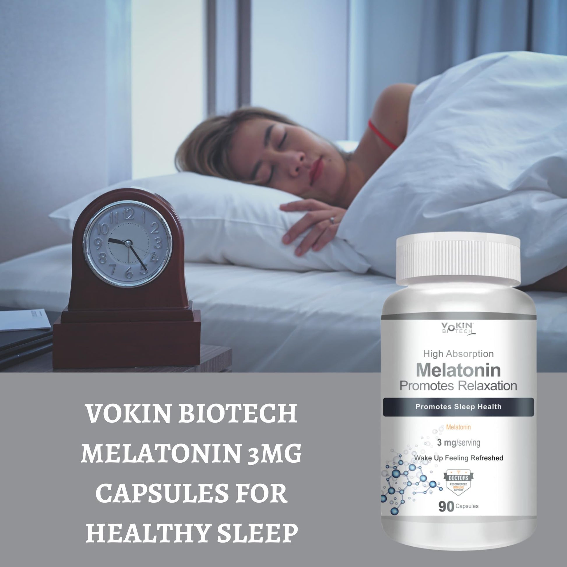Vokin Biotech Melatonin 3mg Healthy Sleep Cycle | Helps Stress & Anxiety Relief | Improve Concentration 90 Capsules
