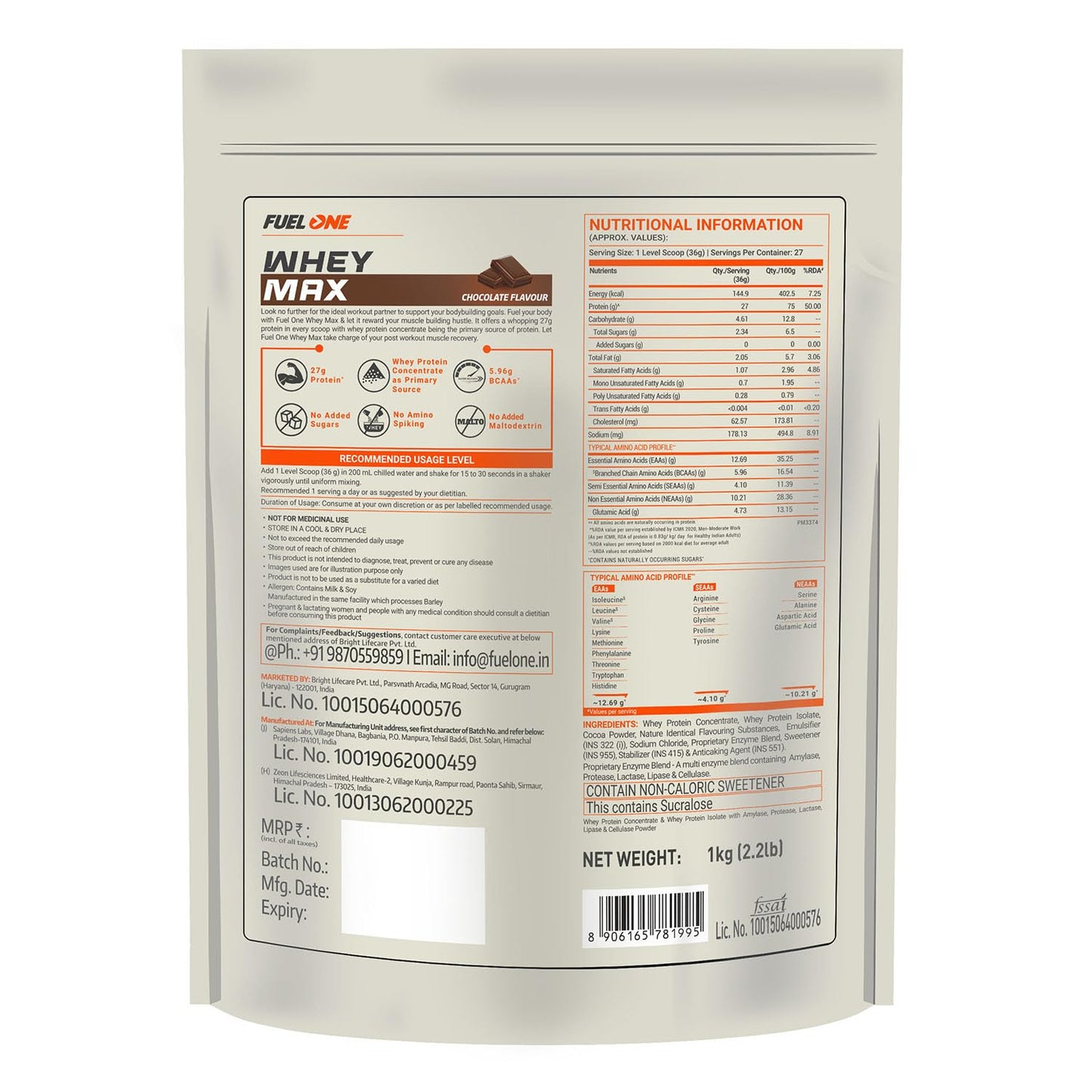 FUELONE Whey Max (Chocolate, / 2.2lbs) | Whey Protein Concentrate & Whey Protein Isolate | 27g Protein & Creatine Monohydrate (Unflavoured, 100g, 33 Servings) | Combo Pack