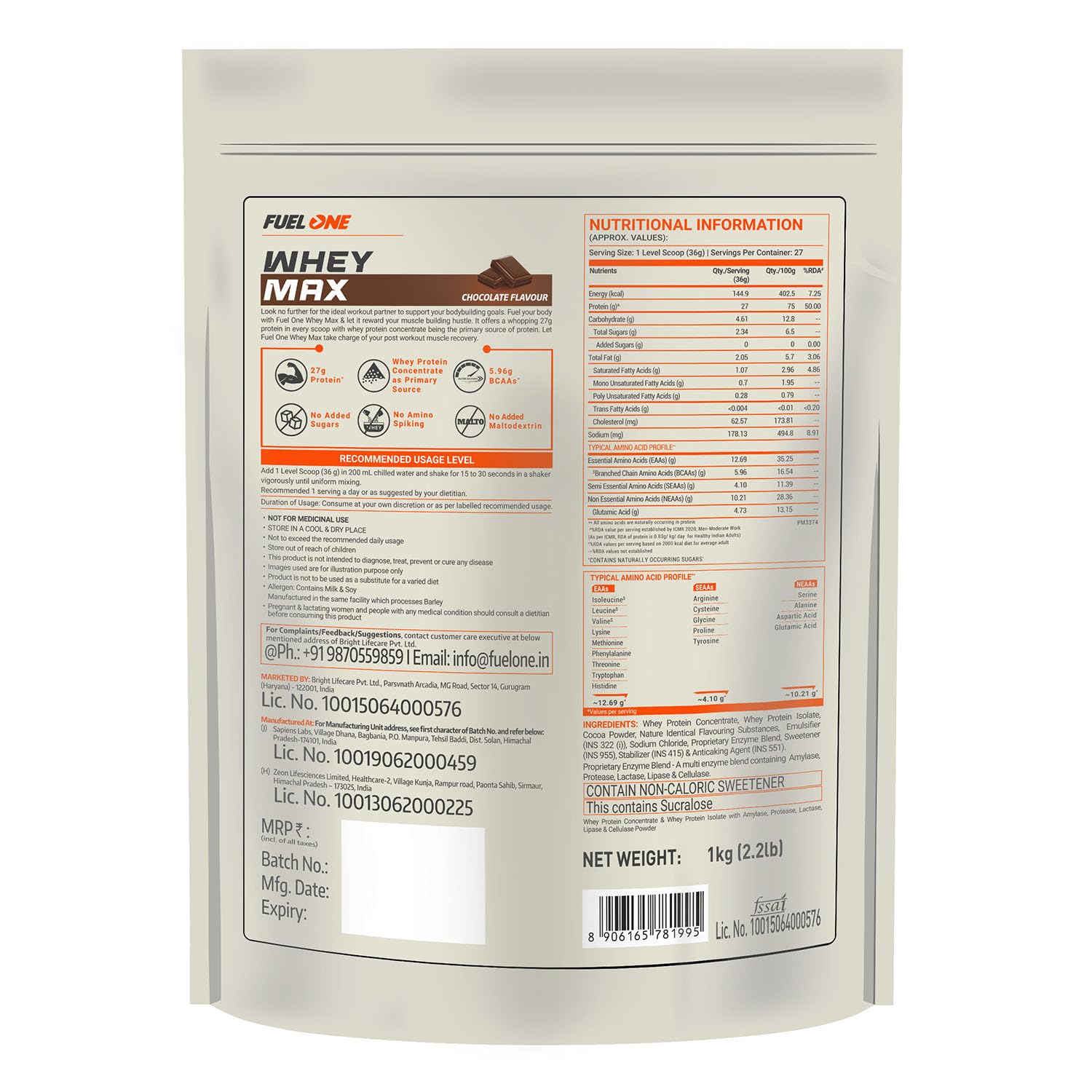 FUELONE Whey Max (Chocolate, / 2.2lbs) | Whey Protein Concentrate & Whey Protein Isolate | 27g Protein & Creatine Monohydrate (Unflavoured, 100g, 33 Servings) | Combo Pack