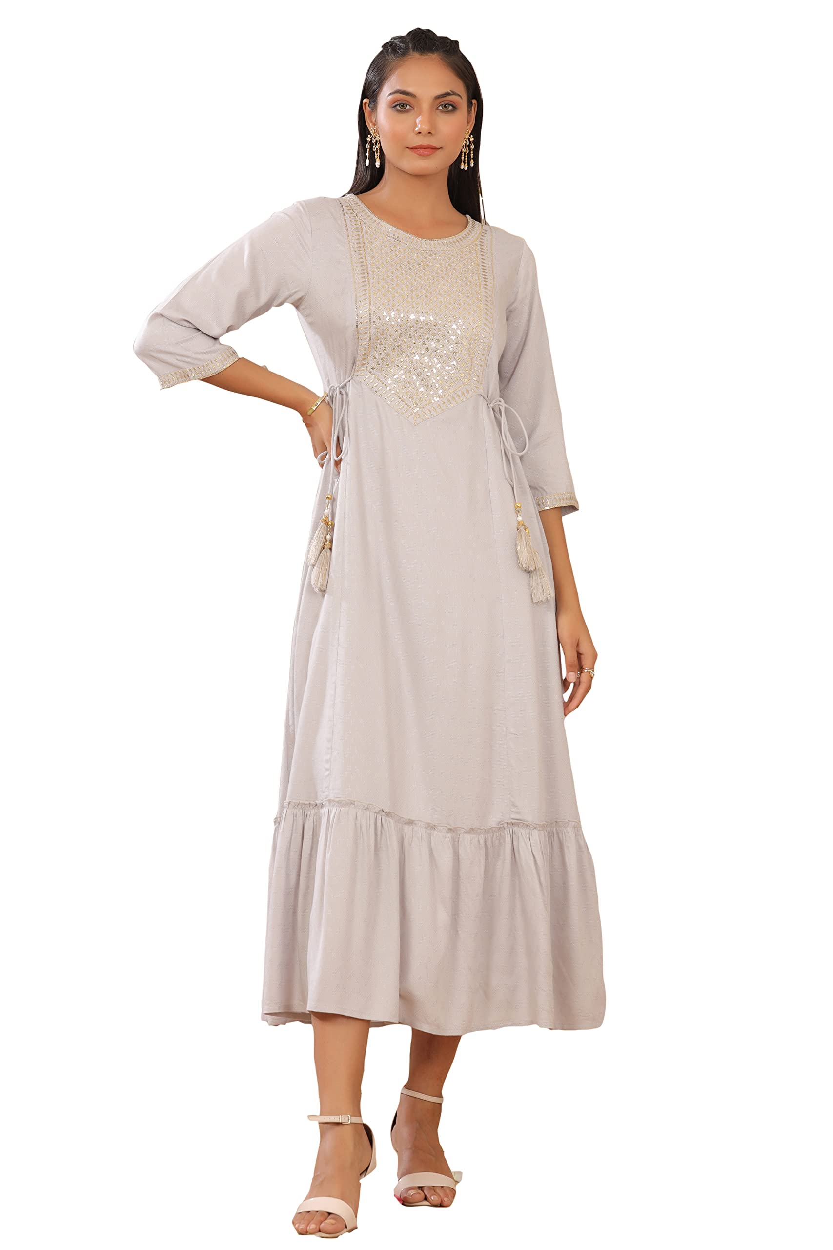 Juniper Women's Grey Zari Embroidered Rayon Dobby Maxi Dress - Distacart