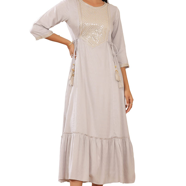 Juniper Women's Grey Zari Embroidered Rayon Dobby Maxi Dress - Distacart