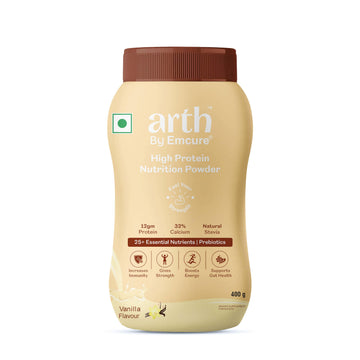 Arth High Protein Nutrition Powder | 12g Protein per Serving | 25+ Essential Nutrients with Prebiotic | No Added Sugar | Supports Energy, Strength & Immunity | 400gm (Vanilla Flavour)