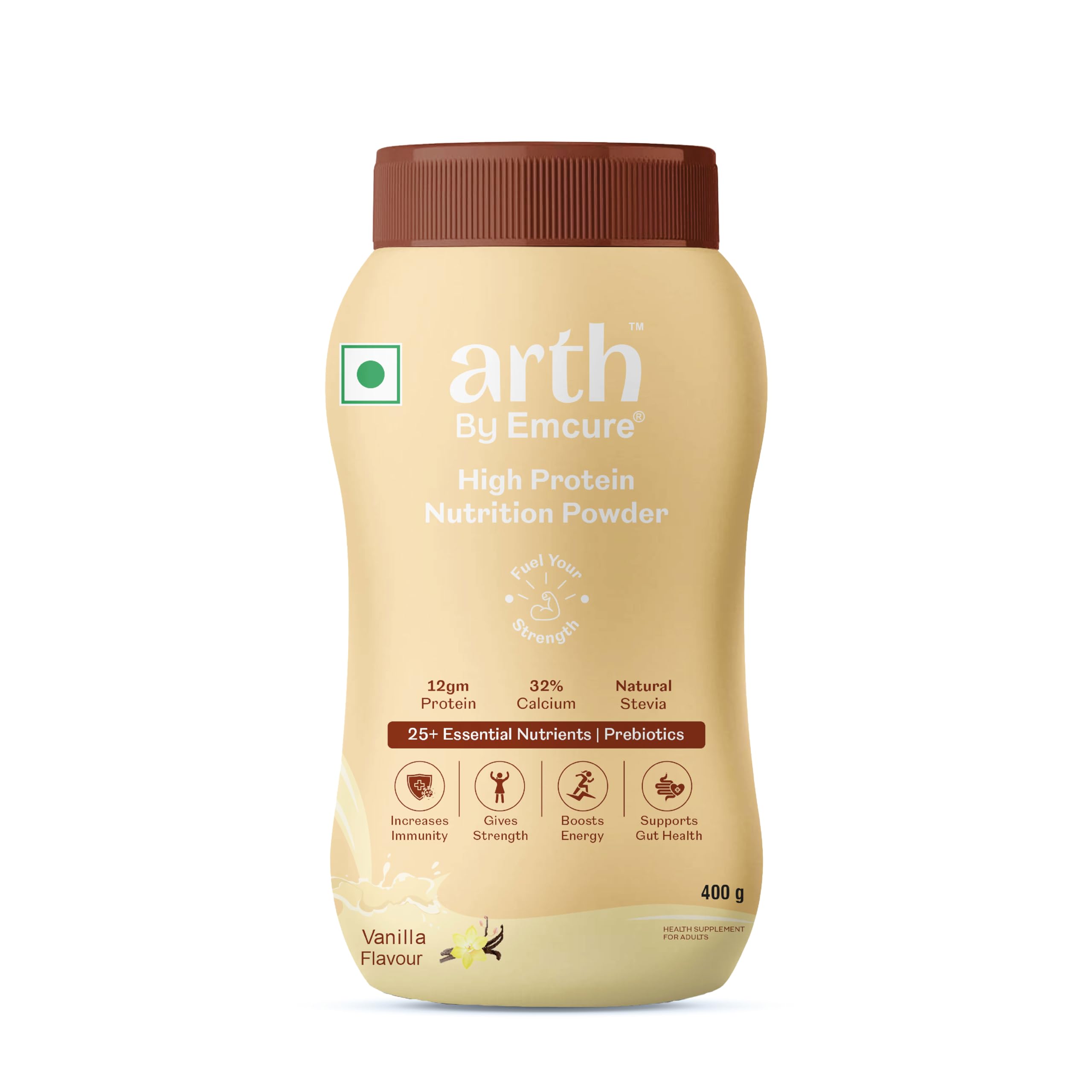 Arth High Protein Nutrition Powder | 12g Protein per Serving | 25+ Essential Nutrients with Prebiotic | No Added Sugar | Supports Energy, Strength & Immunity | 400gm (Vanilla Flavour)
